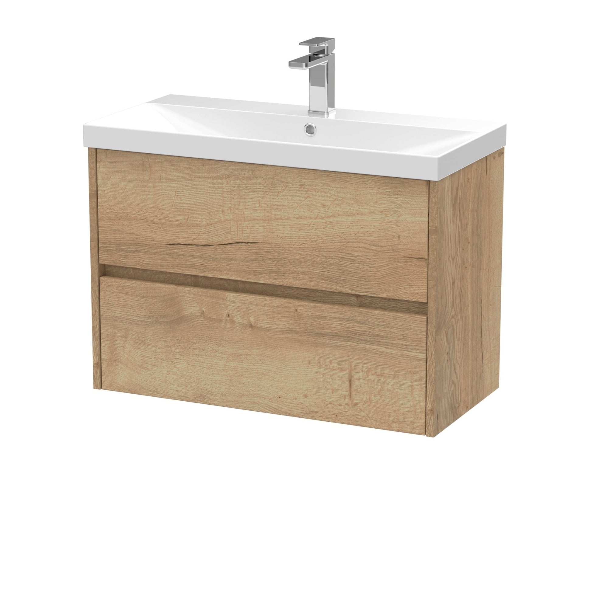 Nui Havana 800mm Wall Hung 2 Drawer Unit & Basin 3 Contemporary Autumn Oak MFC Textured Woodgrain 589x810x395mm - JJ Building Materials