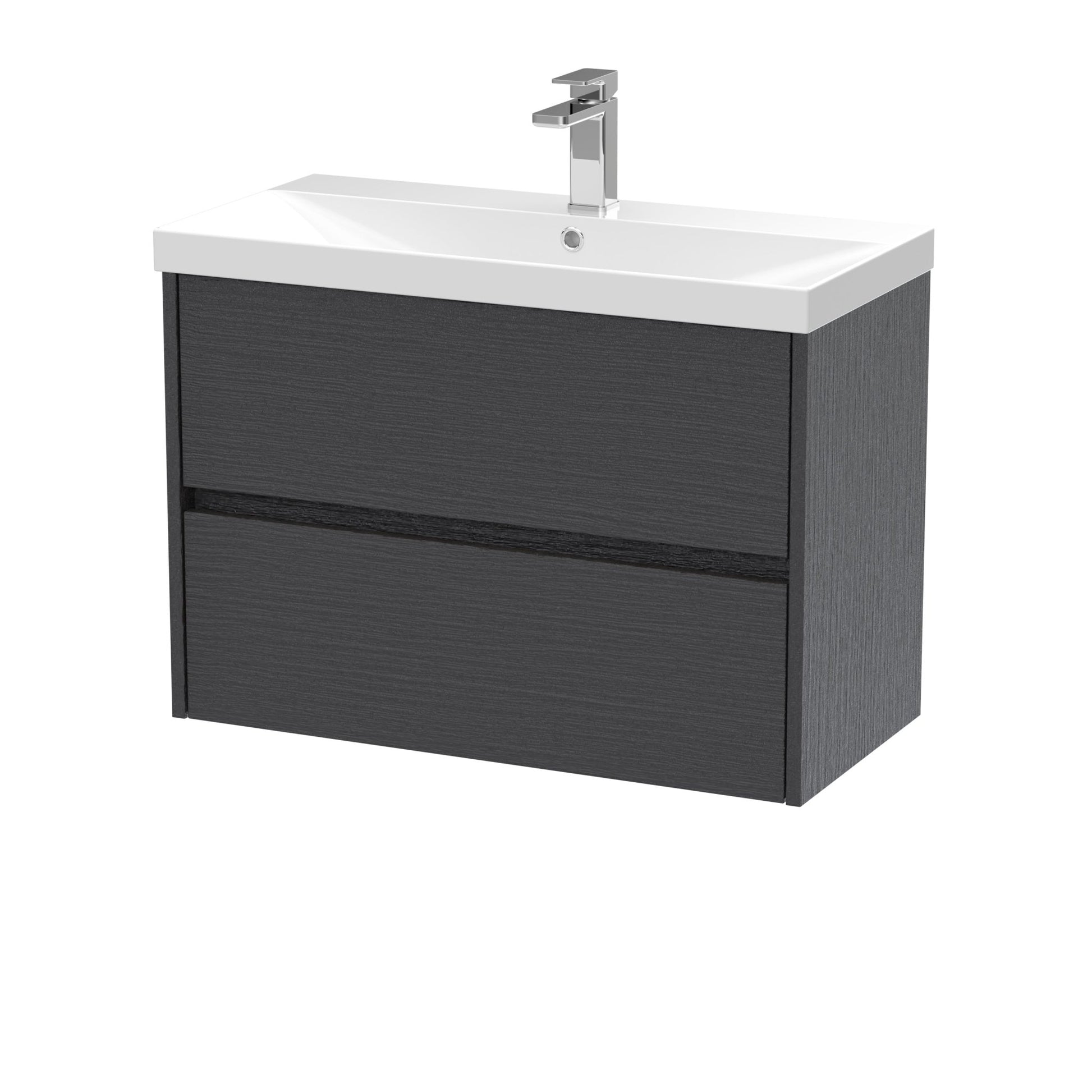 Nui Havana 800mm Wall Hung 2 Drawer Unit & Basin 3 Contemporary Graphite Grey Woodgrain MFC Textured Woodgrain 589x810x395mm - JJ Building Materials