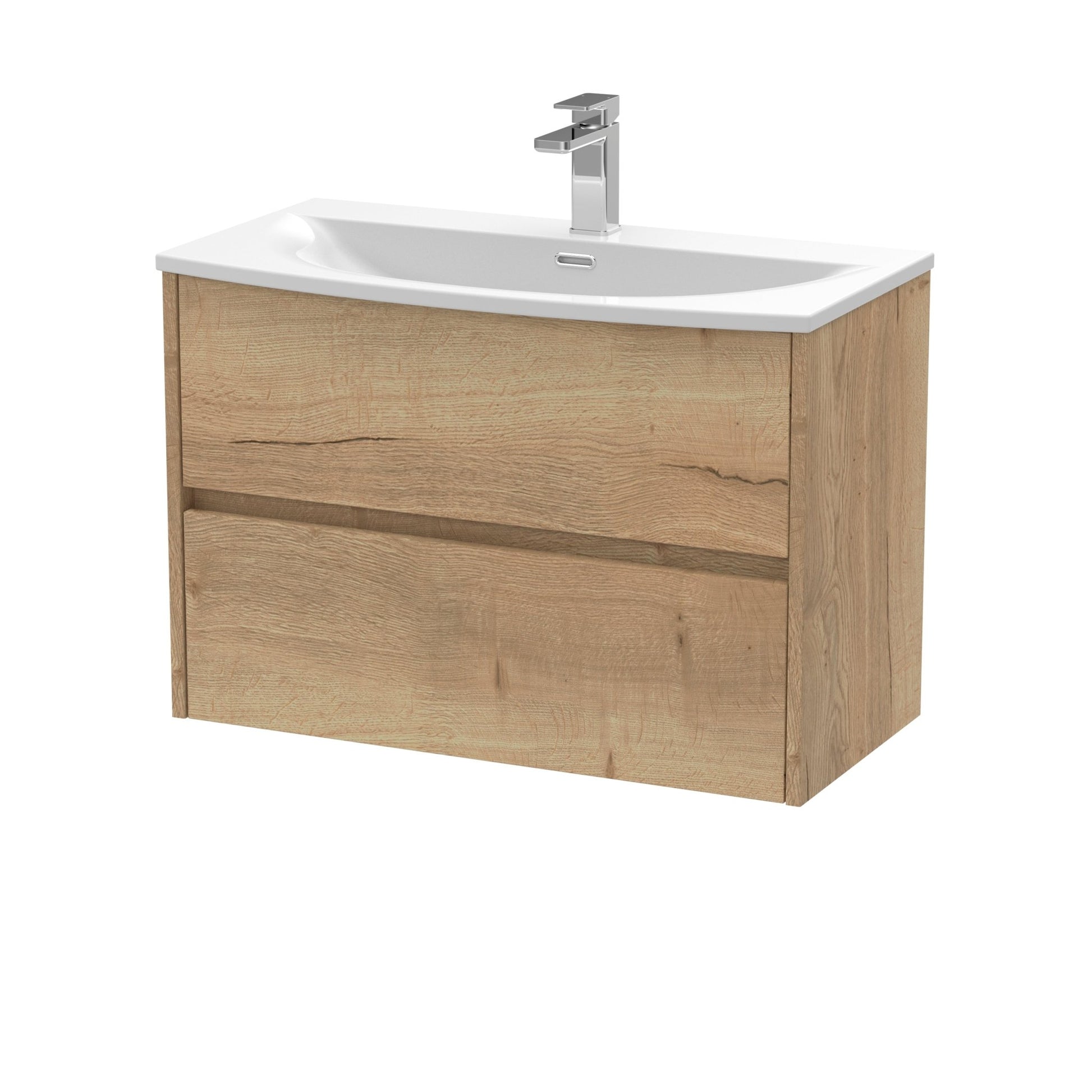 Nui Havana 800mm Wall Hung 2 Drawer Unit & Basin 4 Contemporary Autumn Oak MFC Textured Woodgrain 564x810x440mm - JJ Building Materials