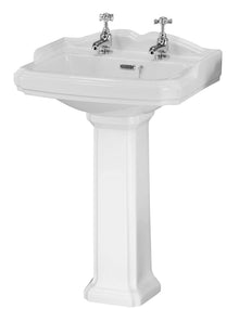Nui Legend 590mm Basin & Pedestal (2 Tap Hole) Traditional White Vitreous China 915x590x470mm - JJ Building Materials