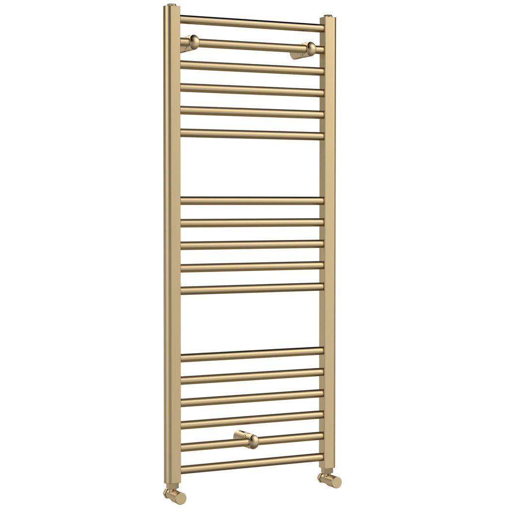 Nui Lorica Round Straight Towel Radiator 1200x500 Contemporary Brushed Brass Steel 1200x500x30mm - JJ Building Materials