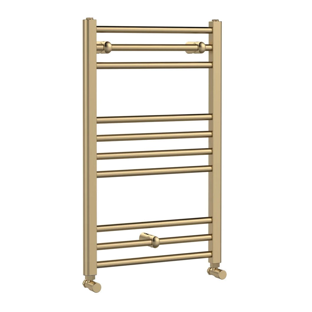 Nui Lorica Round Straight Towel Radiator 800x500 Contemporary Brushed Brass Steel 800x500x30mm - JJ Building Materials