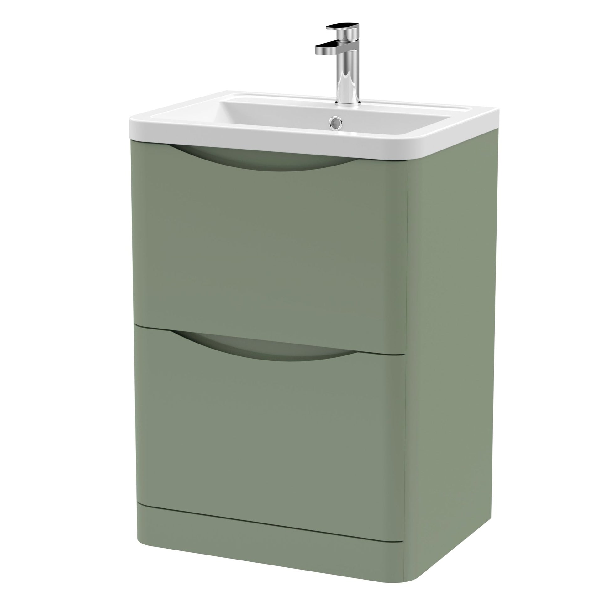 Nui Lunar 600mm Floor Standing 2 Drawer Vanity & Ceramic Basin Contemporary Satin Green Ceramic,MFC Painted Matt 840x600x445mm - JJ Building Materials