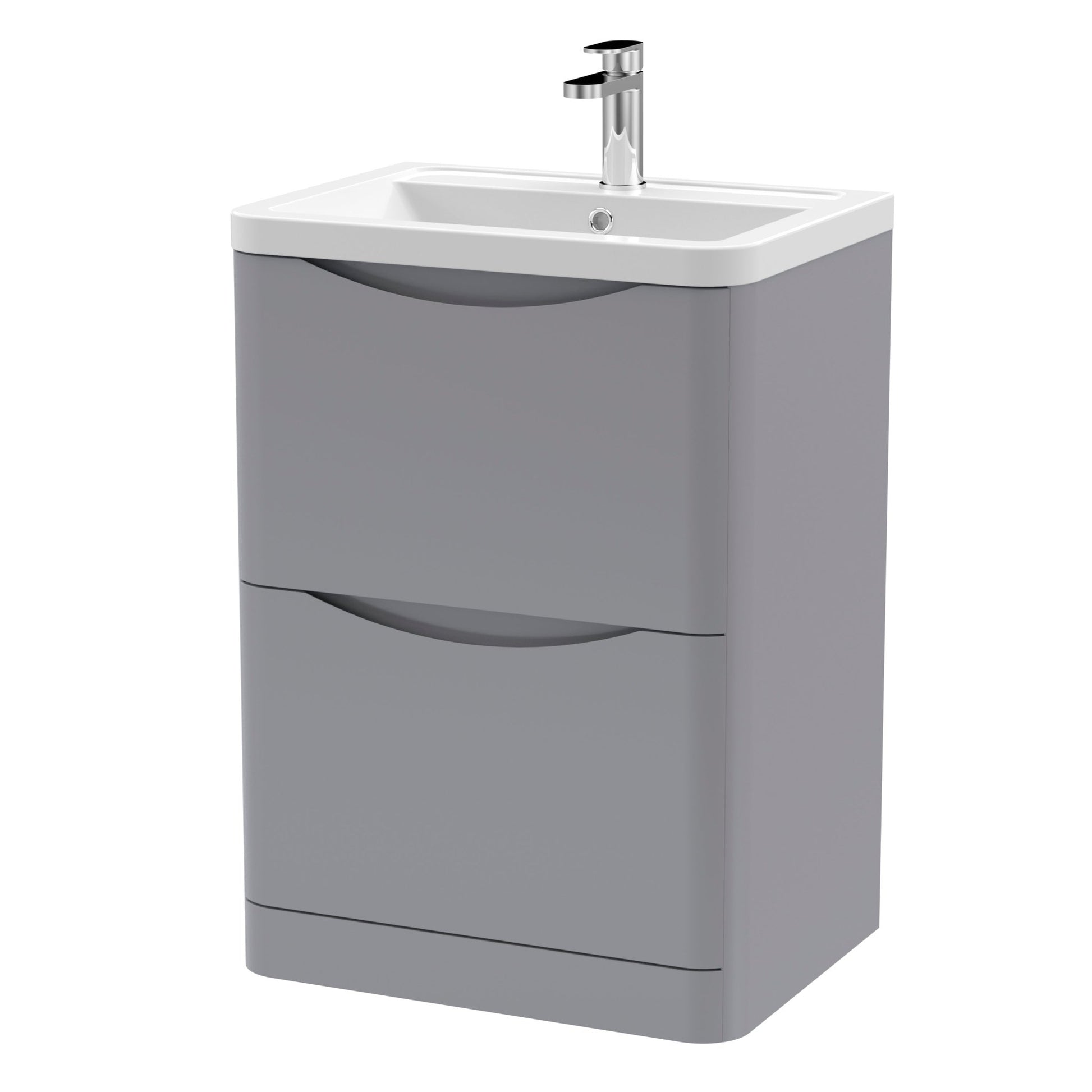 Nui Lunar 600mm Floor Standing 2 Drawer Vanity & Ceramic Basin Contemporary Satin Grey Ceramic,MFC Painted Matt 840x600x445mm - JJ Building Materials