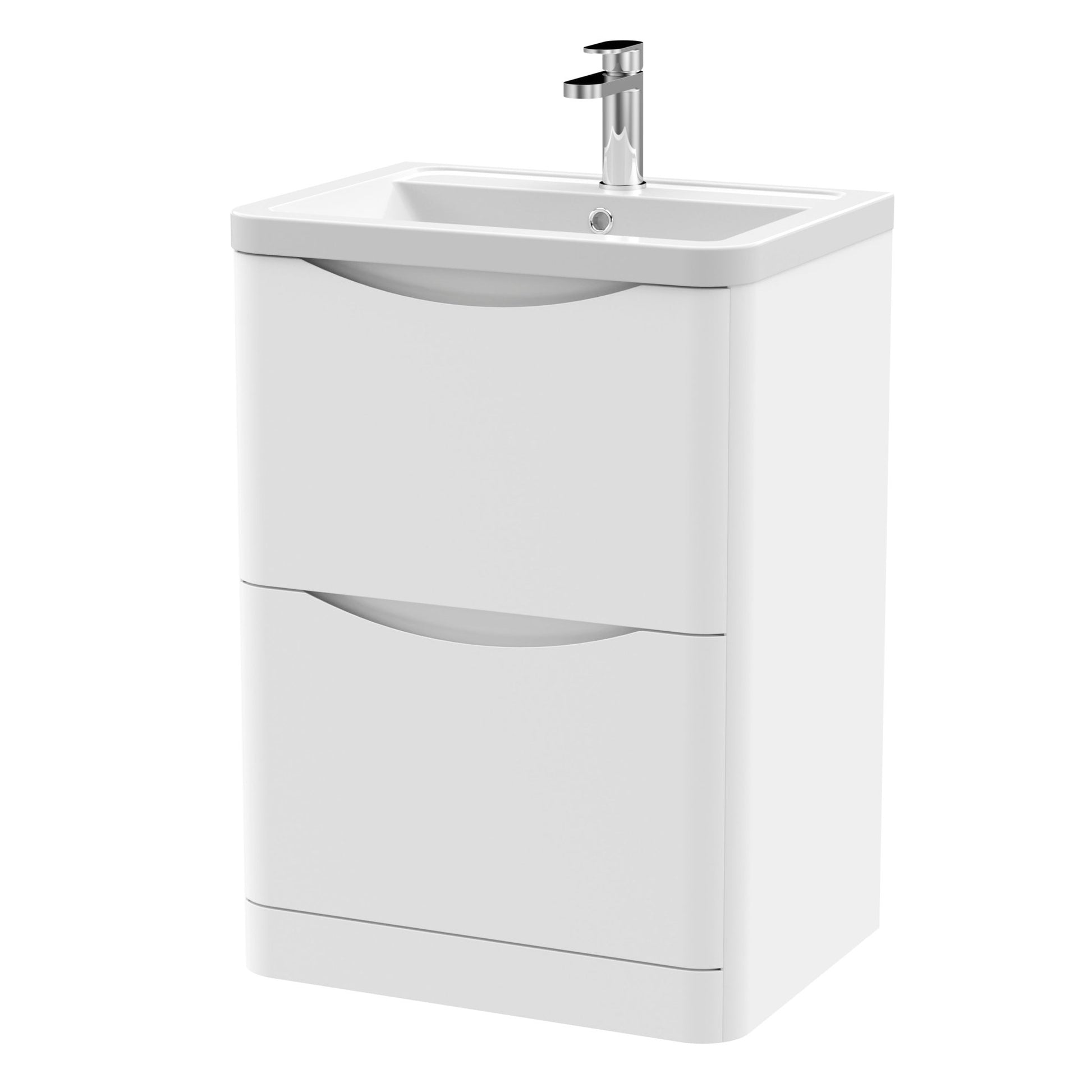 Nui Lunar 600mm Floor Standing 2 Drawer Vanity & Ceramic Basin Contemporary Satin White Ceramic,MFC Painted Matt 840x600x445mm - JJ Building Materials