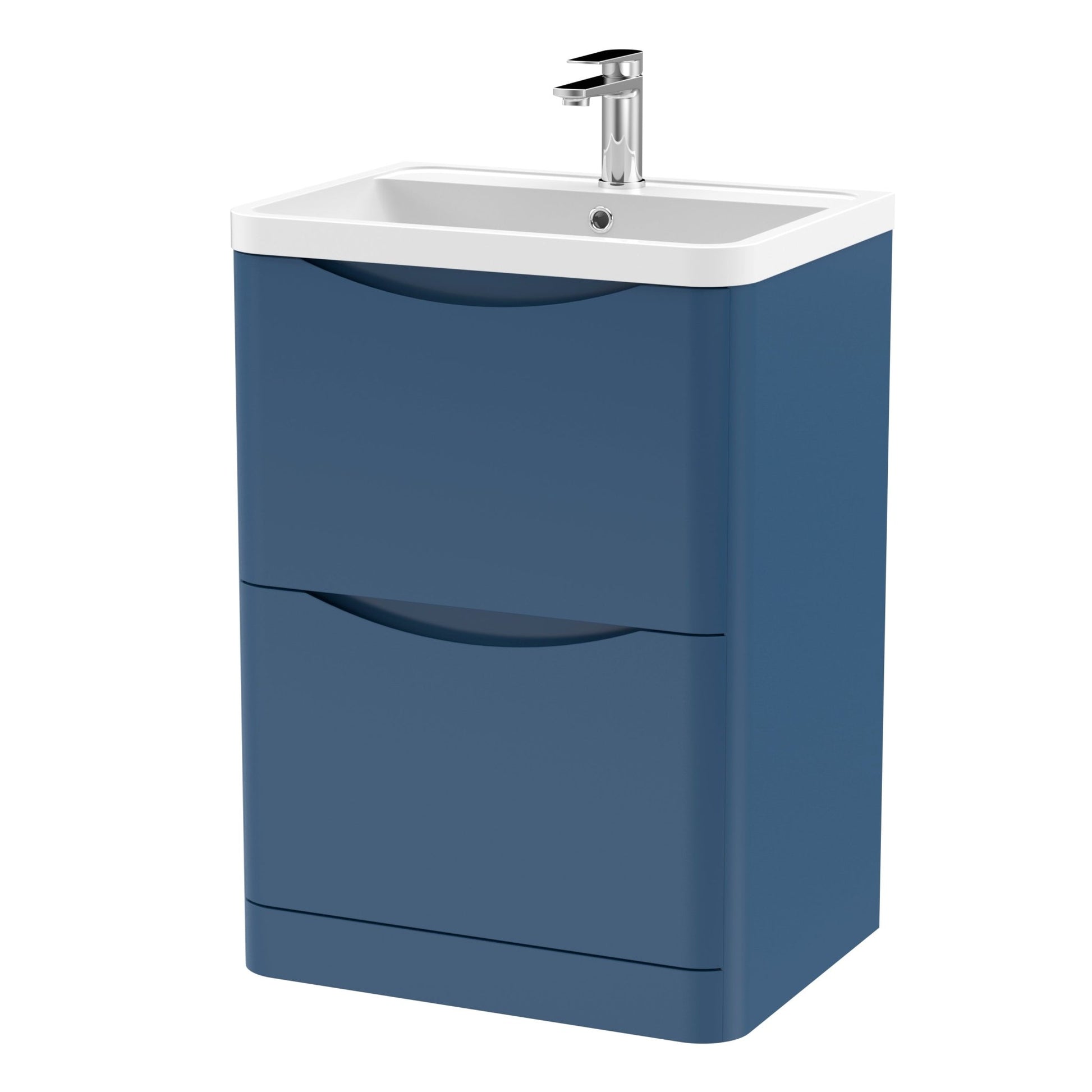Nui Lunar 600mm Floor Standing 2 Drawer Vanity & Polymarble Basin Contemporary Satin Blue MFC Painted Matt,polymarble 840x600x445mm - JJ Building Materials