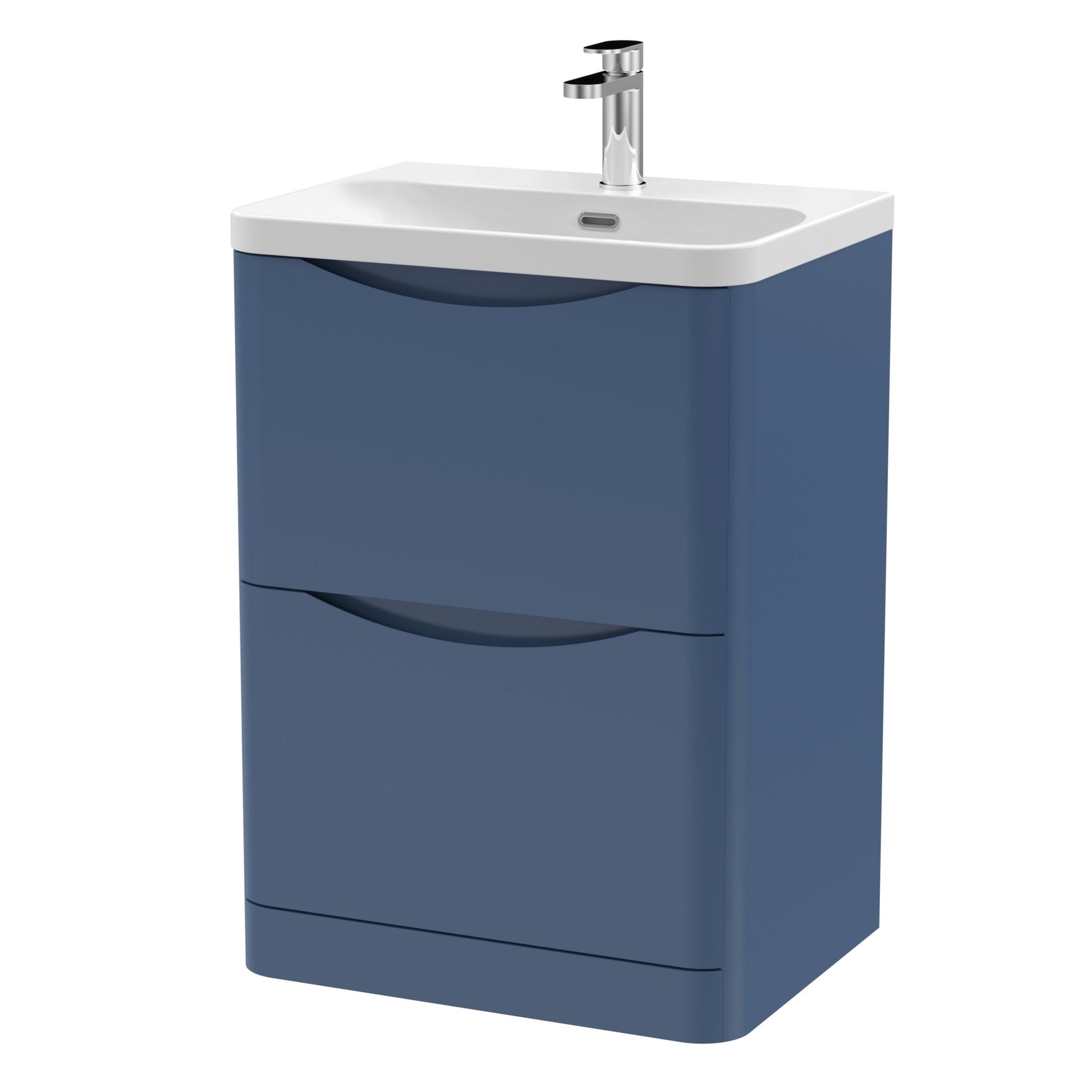 Nui Lunar 600mm Floor Standing 2 Drawer Vanity & Thin Edge Ceramic Basin Contemporary Satin Blue Ceramic,MFC Painted Matt - JJ Building Materials