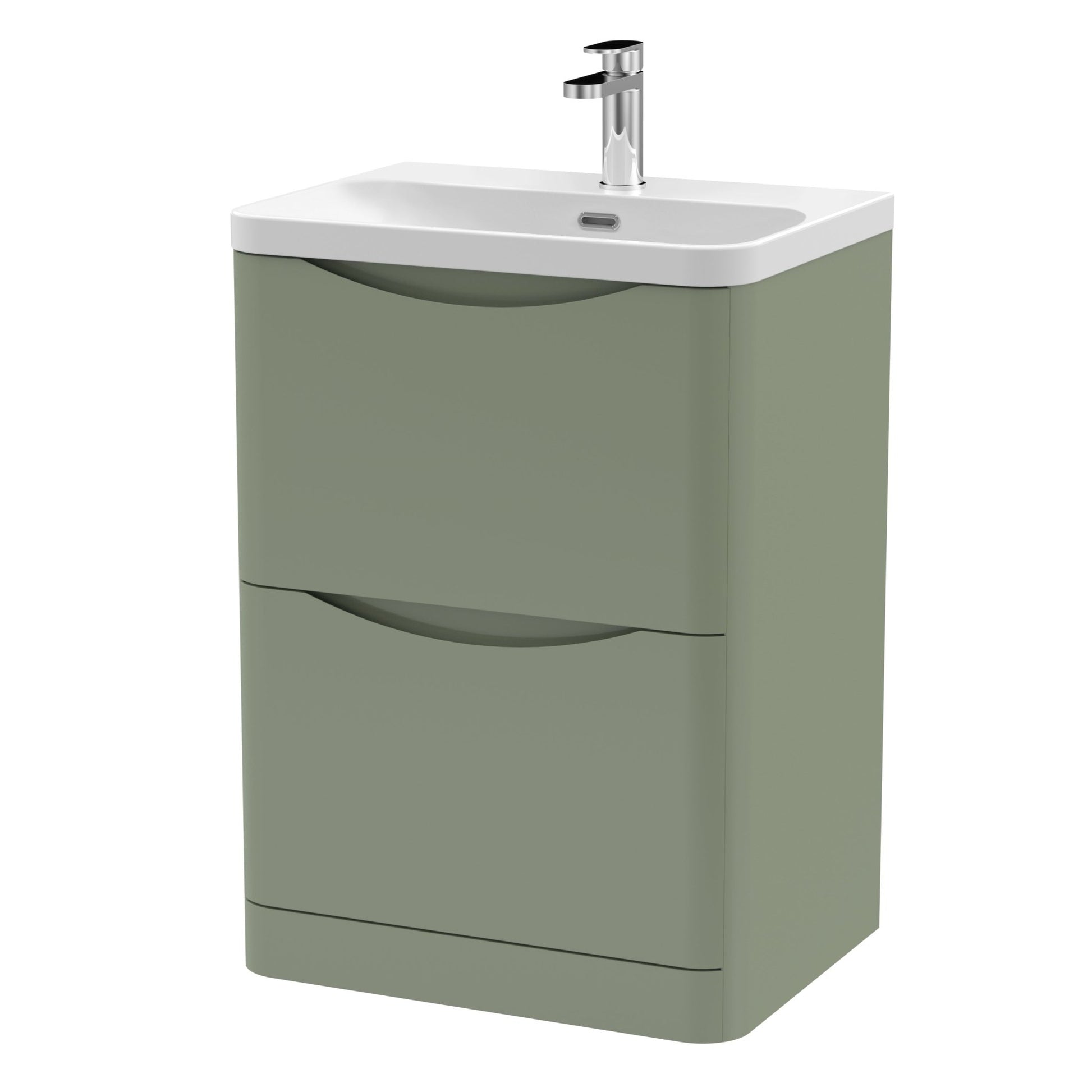 Nui Lunar 600mm Floor Standing 2 Drawer Vanity & Thin Edge Ceramic Basin Contemporary Satin Green Ceramic,MFC Painted Matt - JJ Building Materials