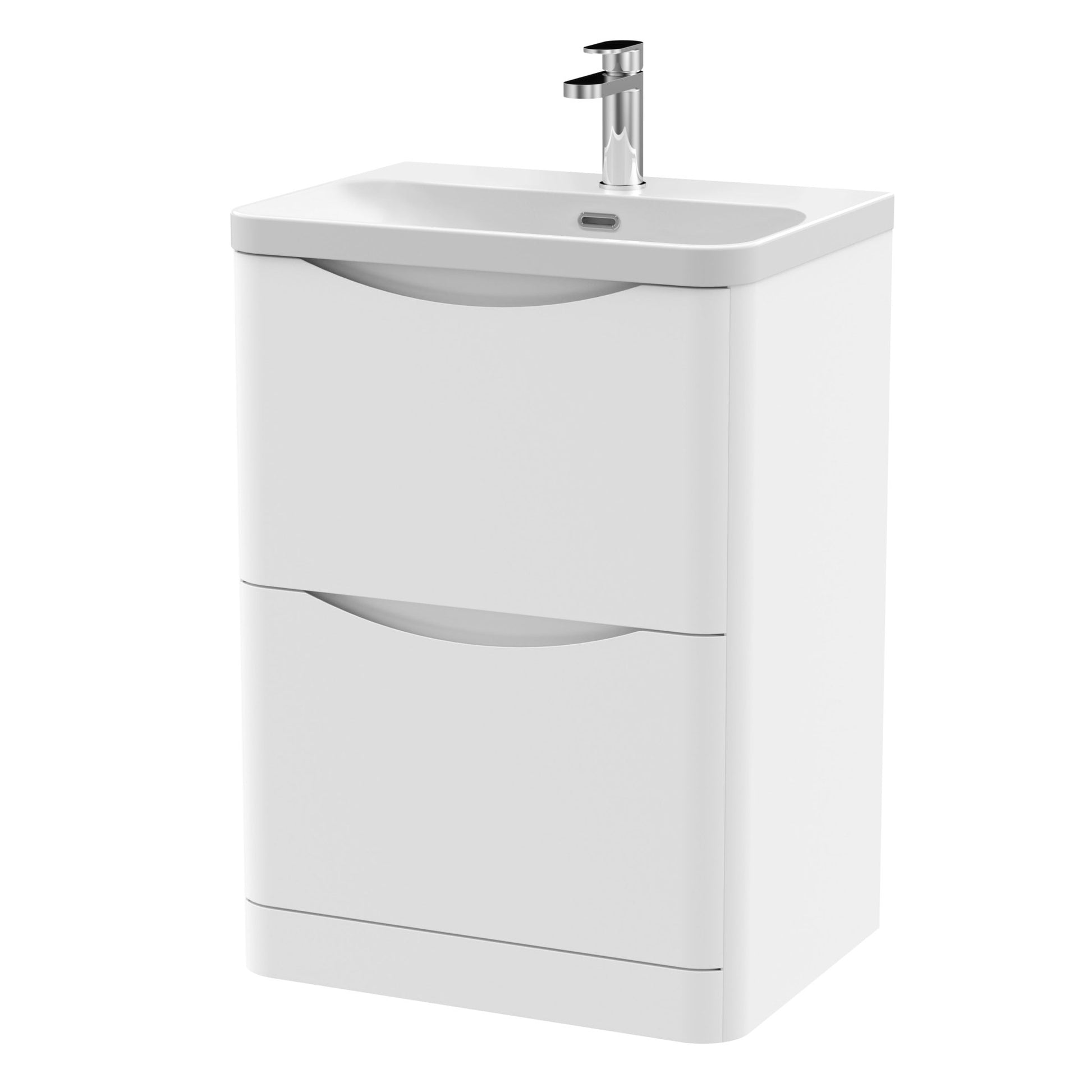 Nui Lunar 600mm Floor Standing 2 Drawer Vanity & Thin Edge Ceramic Basin Contemporary Satin White Ceramic,MFC Painted Matt - JJ Building Materials