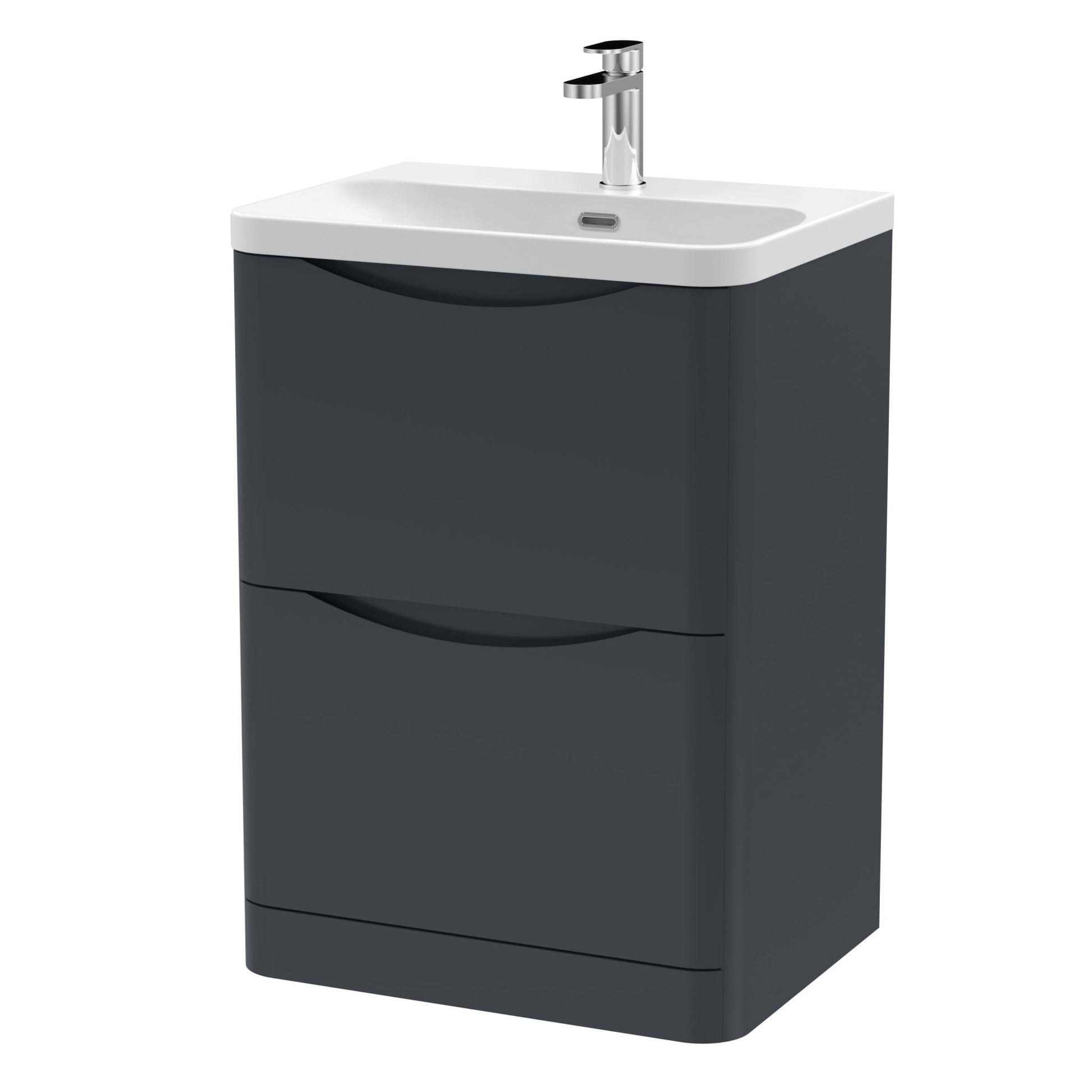 Nui Lunar 600mm Floor Standing 2 Drawer Vanity & Thin Edge Ceramic Basin Contemporary Soft Black Ceramic,MFC Painted Matt - JJ Building Materials