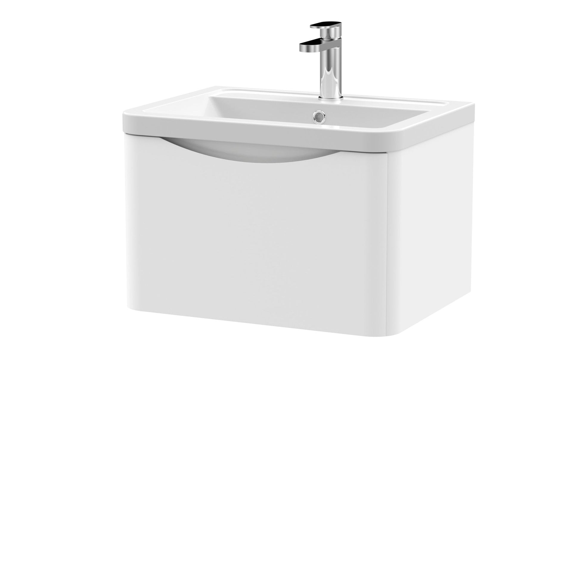 Nui Lunar 600mm Wall Hung 1 Drawer Vanity & Ceramic Basin Contemporary Satin White Ceramic,MFC Painted Matt 399x600x445mm - JJ Building Materials