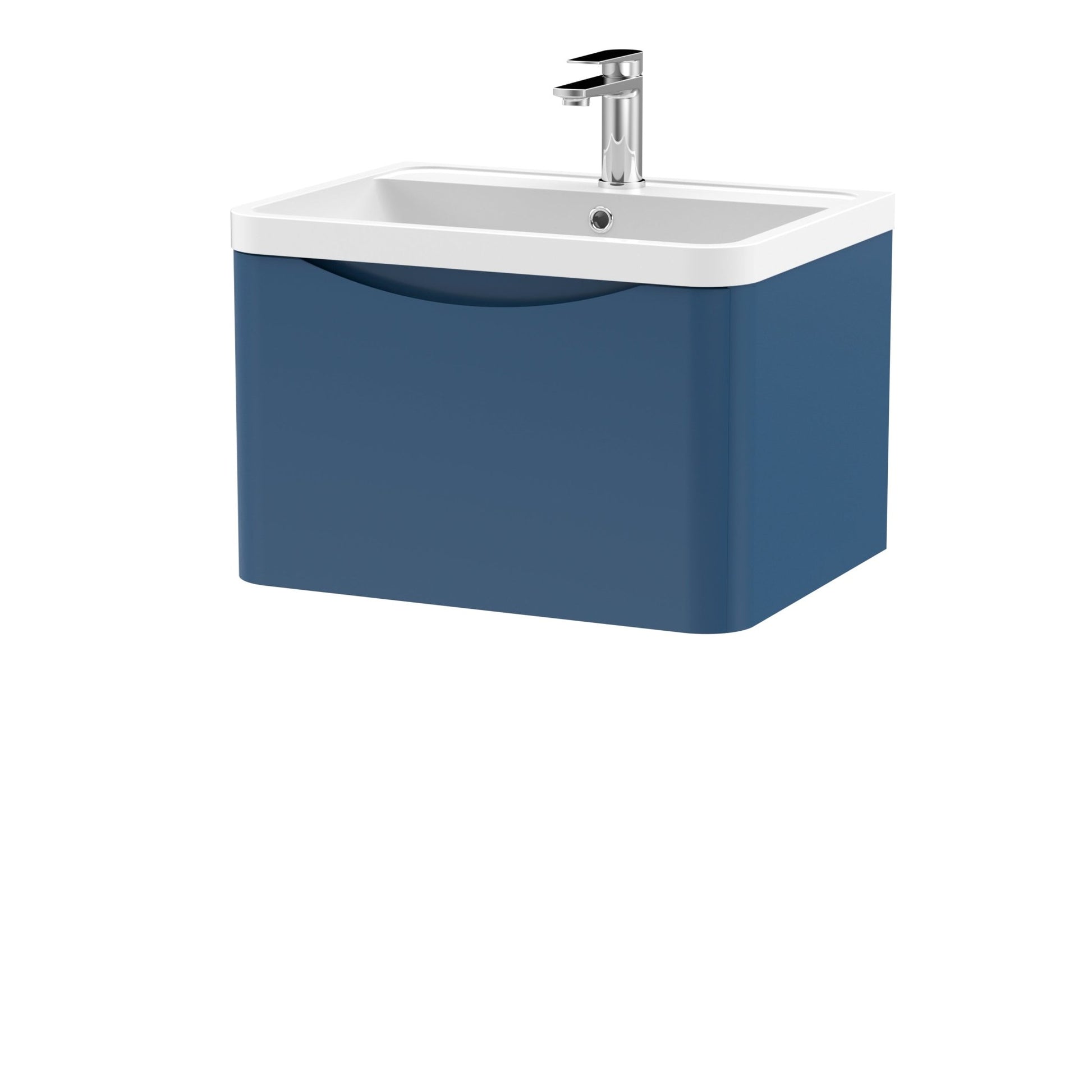 Nui Lunar 600mm Wall Hung 1 Drawer Vanity & Polymarble Basin Contemporary Satin Blue MFC Painted Matt,polymarble 399x600x445mm - JJ Building Materials