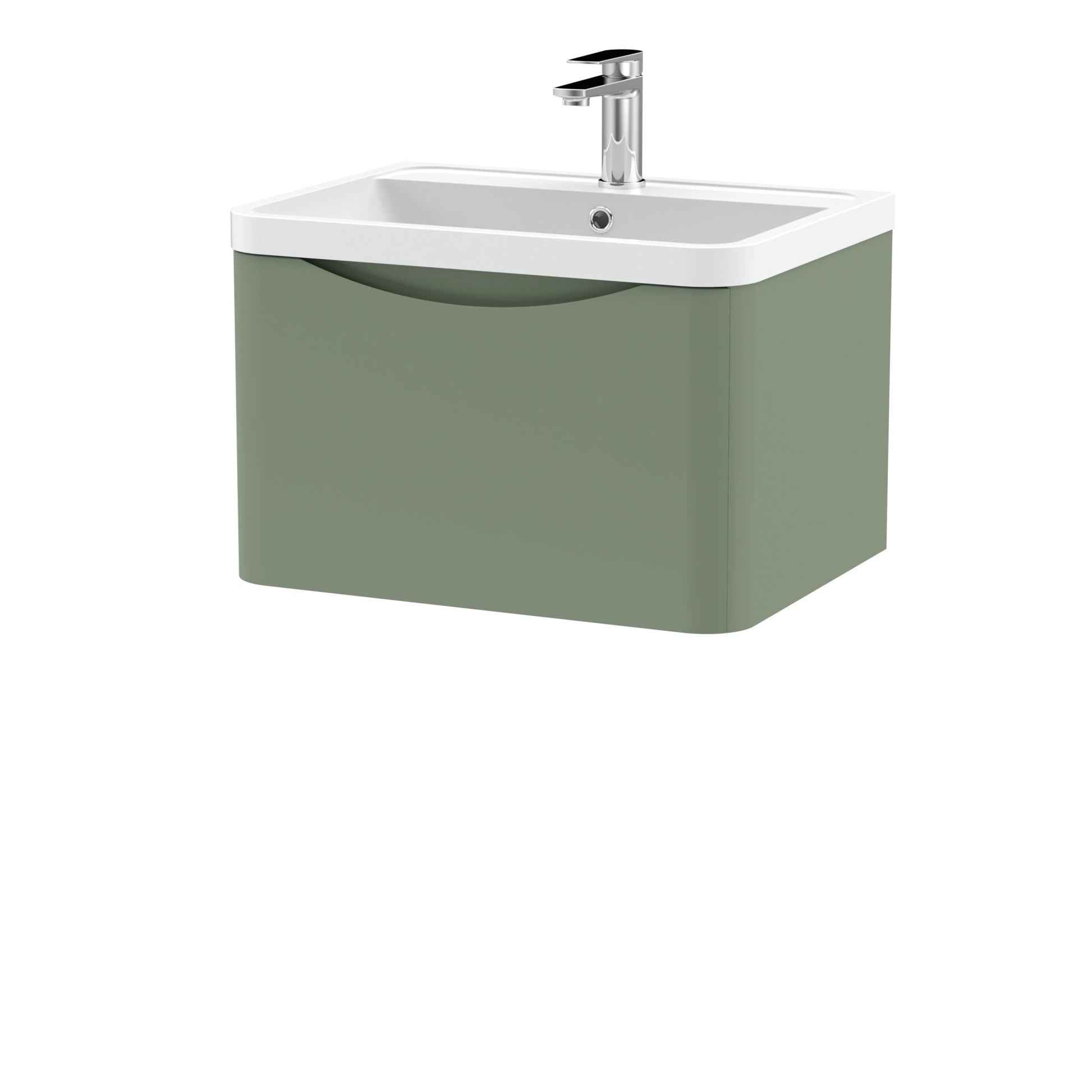 Nui Lunar 600mm Wall Hung 1 Drawer Vanity & Polymarble Basin Contemporary Satin Green MFC Painted Matt,polymarble 399x600x445mm - JJ Building Materials