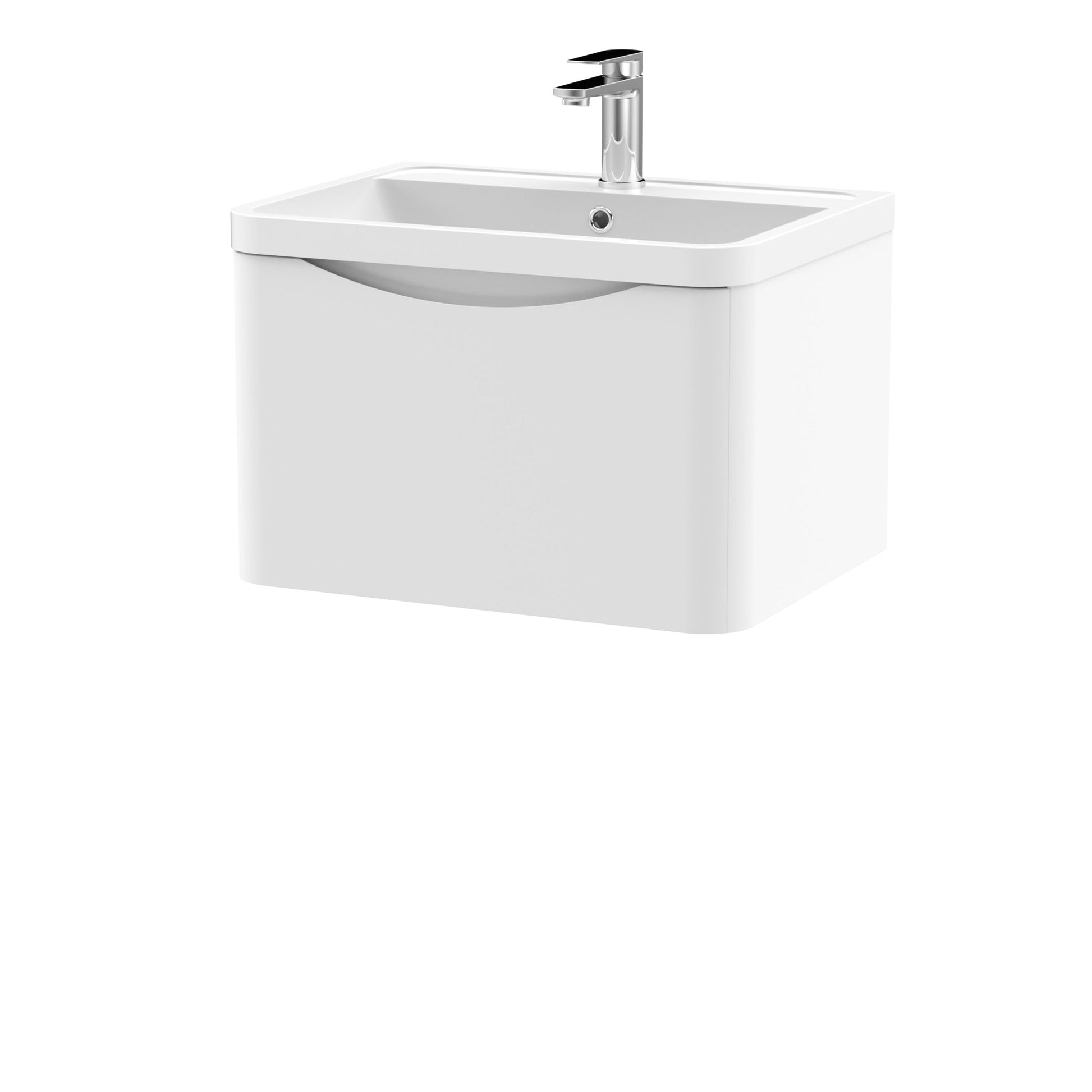 Nui Lunar 600mm Wall Hung 1 Drawer Vanity & Polymarble Basin Contemporary Satin White MFC Painted Matt,polymarble 399x600x445mm - JJ Building Materials