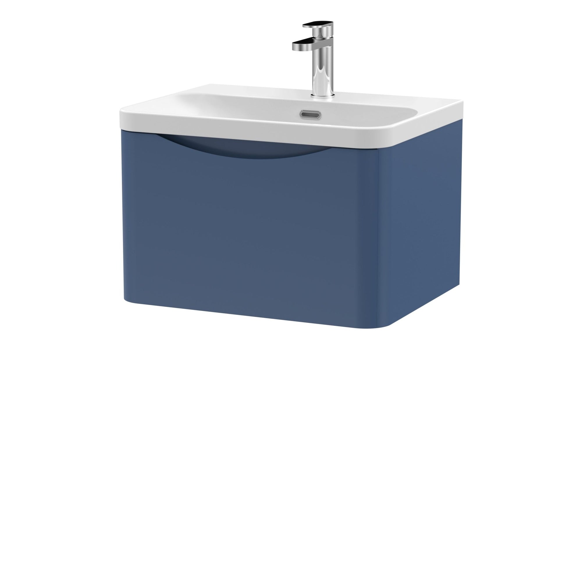 Nui Lunar 600mm Wall Hung 1 Drawer Vanity & Thin Edge Ceramic Basin Contemporary Satin Blue Ceramic,MFC Painted Matt - JJ Building Materials