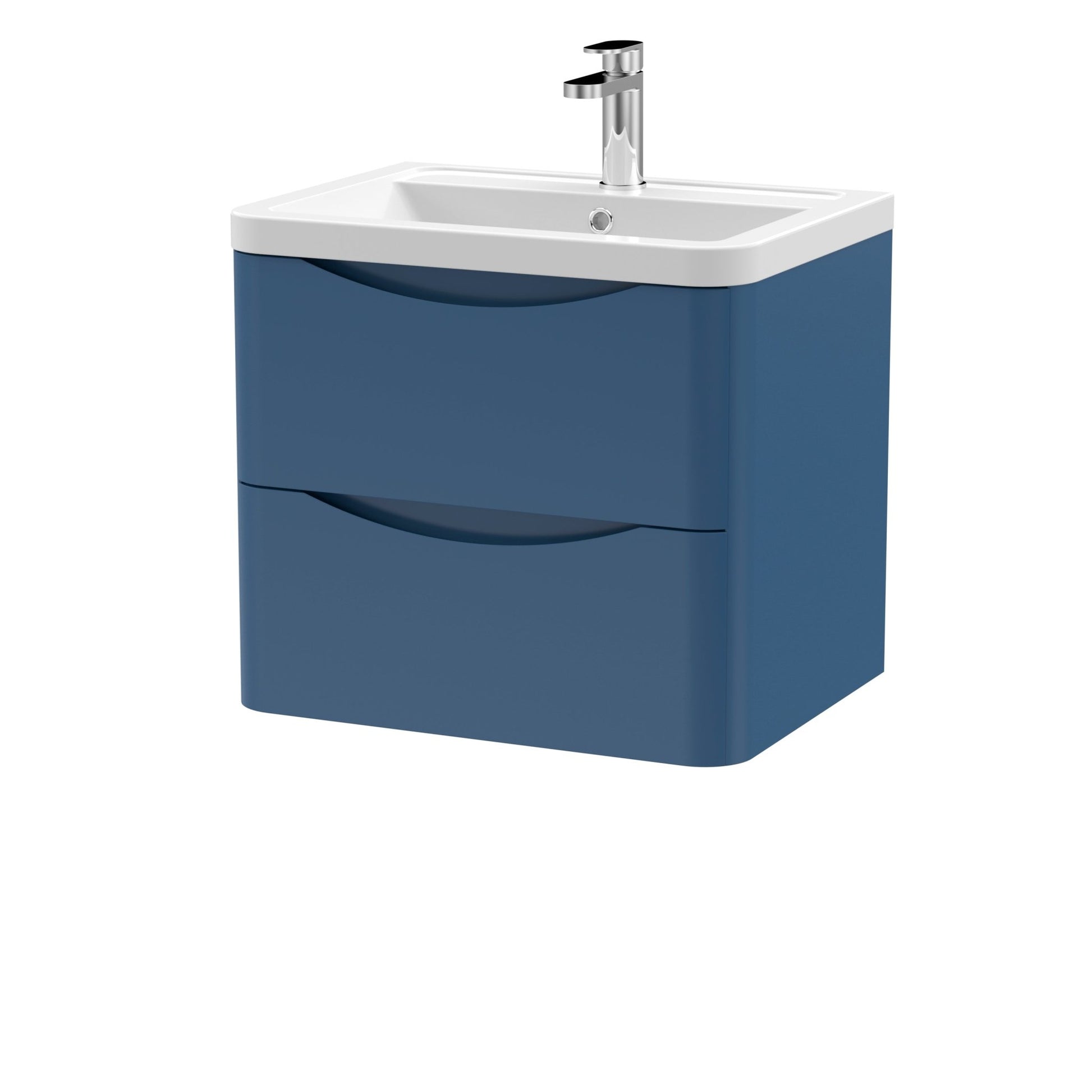Nui Lunar 600mm Wall Hung 2 Drawer Vanity & Ceramic Basin Contemporary Satin Blue Ceramic,MFC Painted Matt 540x600x445mm - JJ Building Materials