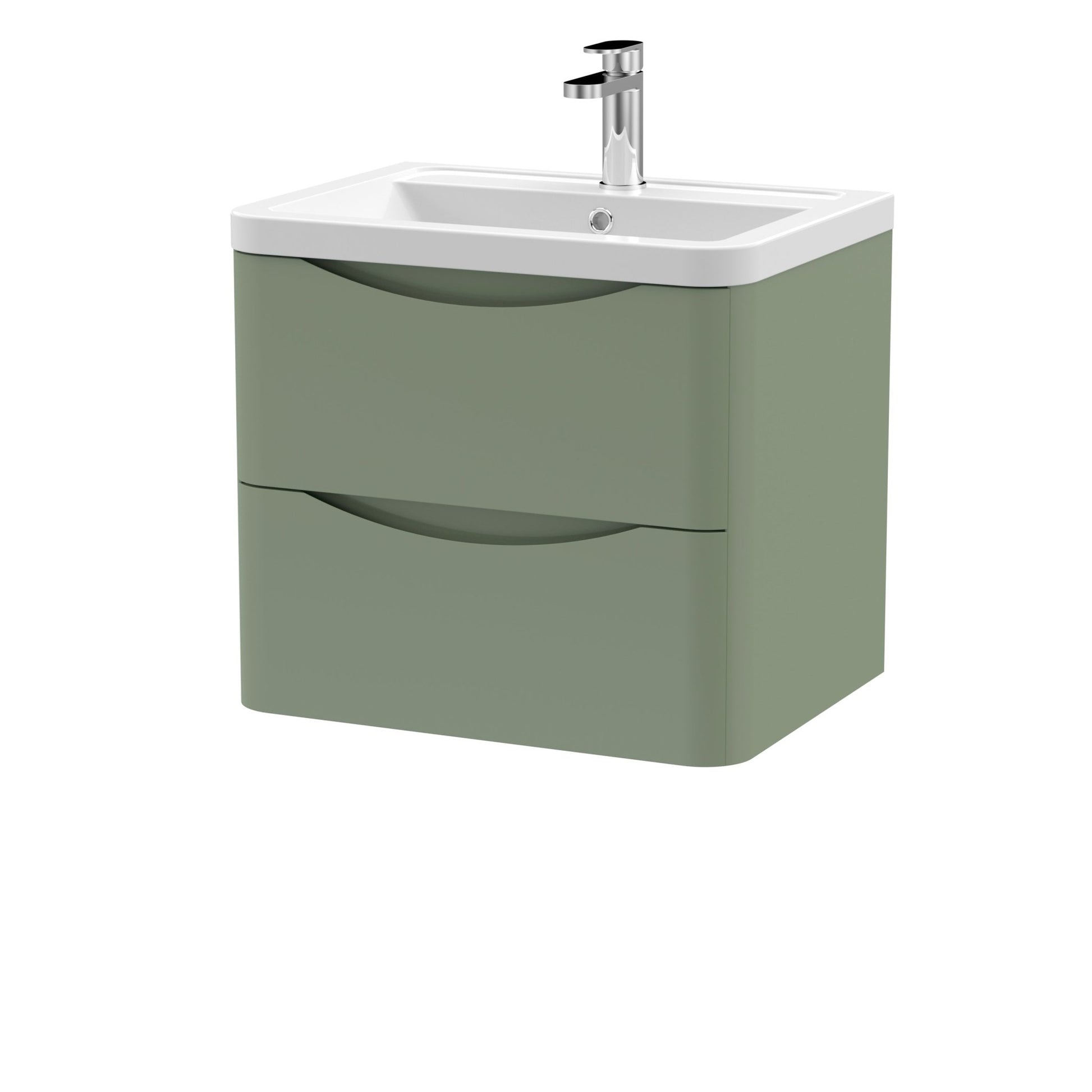 Nui Lunar 600mm Wall Hung 2 Drawer Vanity & Ceramic Basin Contemporary Satin Green Ceramic,MFC Painted Matt 540x600x445mm - JJ Building Materials