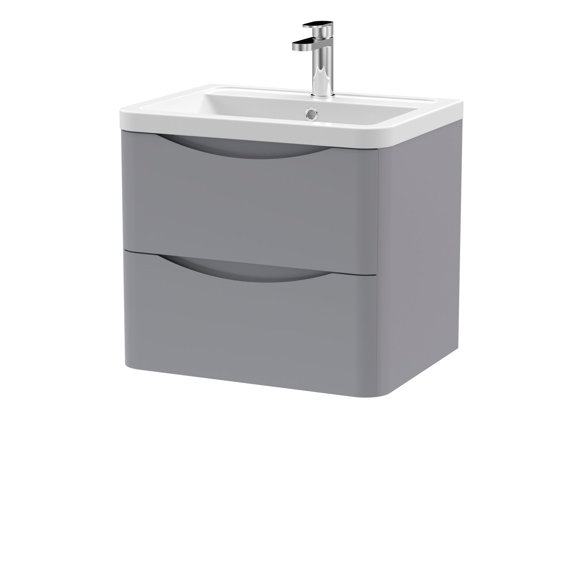 Nui Lunar 600mm Wall Hung 2 Drawer Vanity & Ceramic Basin Contemporary Satin Grey Ceramic,MFC Painted Matt 540x600x445mm - JJ Building Materials