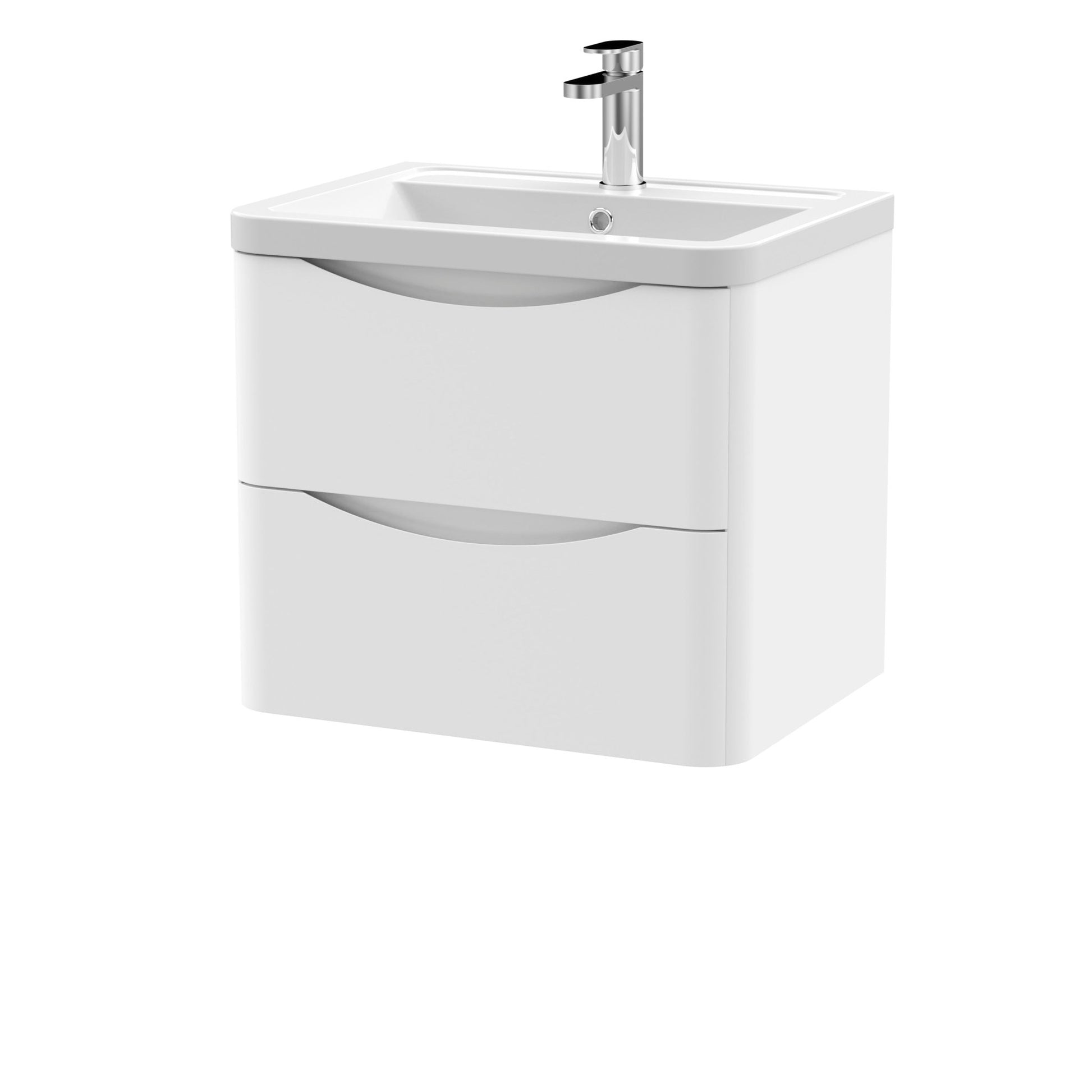 Nui Lunar 600mm Wall Hung 2 Drawer Vanity & Ceramic Basin Contemporary Satin White Ceramic,MFC Painted Matt 540x600x445mm - JJ Building Materials