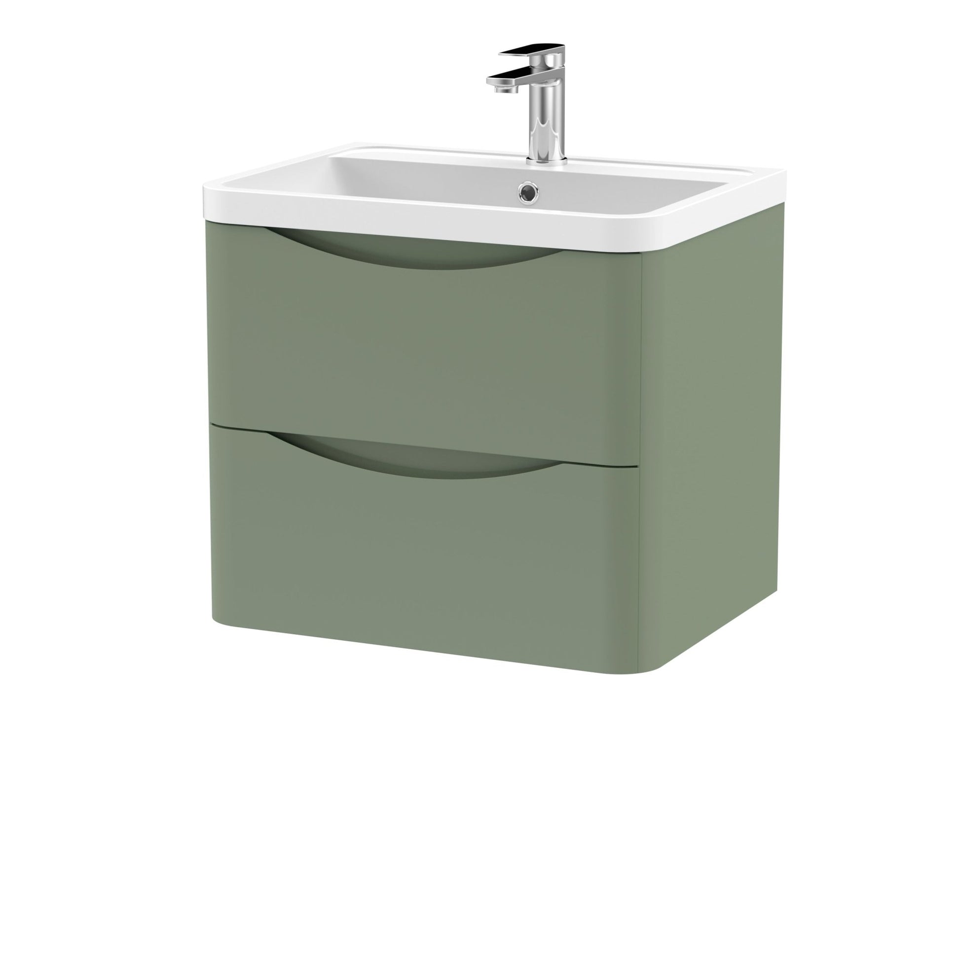 Nui Lunar 600mm Wall Hung 2 Drawer Vanity & Polymarble Basin Contemporary Satin Green MFC Painted Matt,polymarble 540x600x445mm - JJ Building Materials