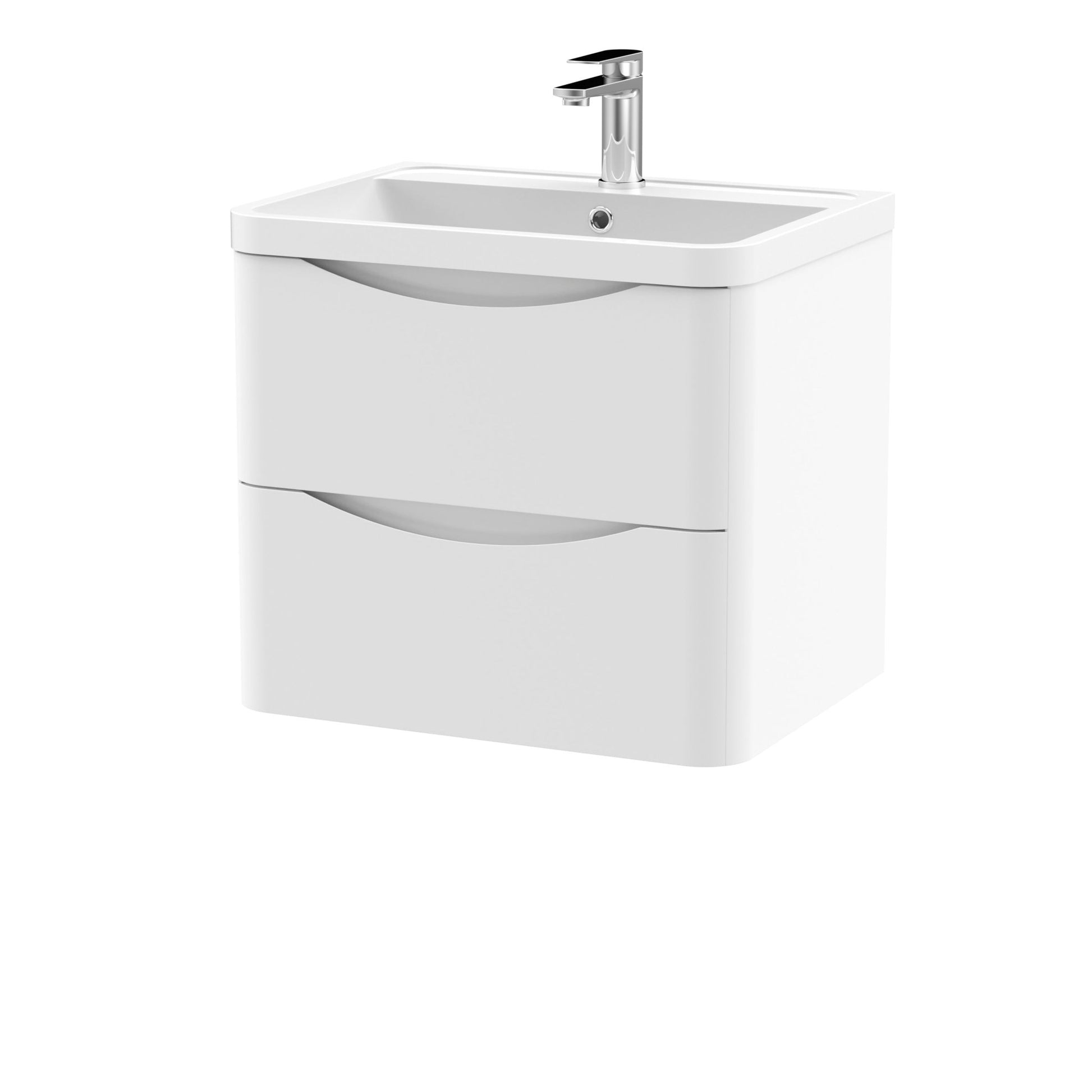 Nui Lunar 600mm Wall Hung 2 Drawer Vanity & Polymarble Basin Contemporary Satin White MFC Painted Matt,polymarble 540x600x445mm - JJ Building Materials