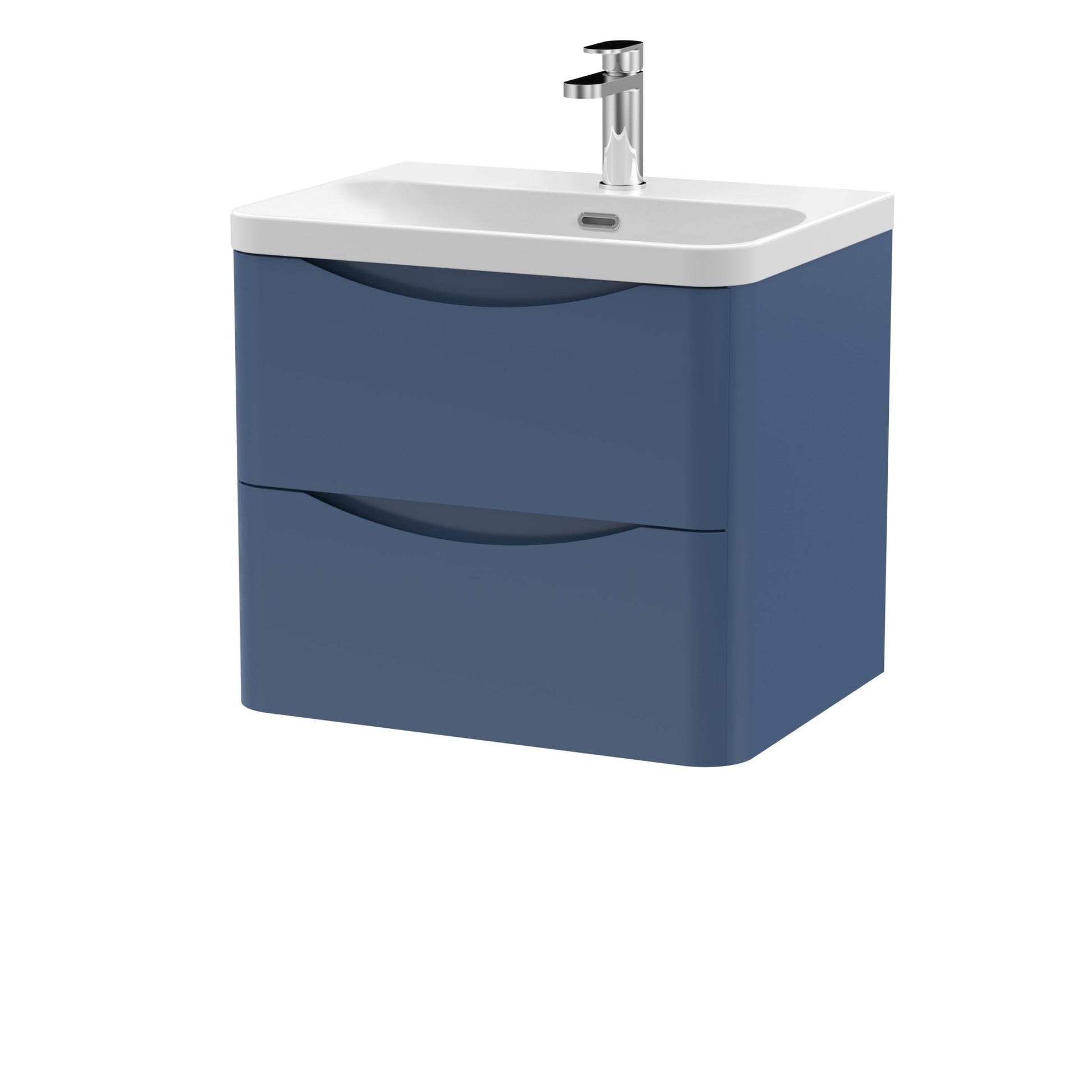Nui Lunar 600mm Wall Hung 2 Drawer Vanity & Thin Edge Ceramic Basin Contemporary Satin Blue Ceramic,MFC Painted Matt - JJ Building Materials