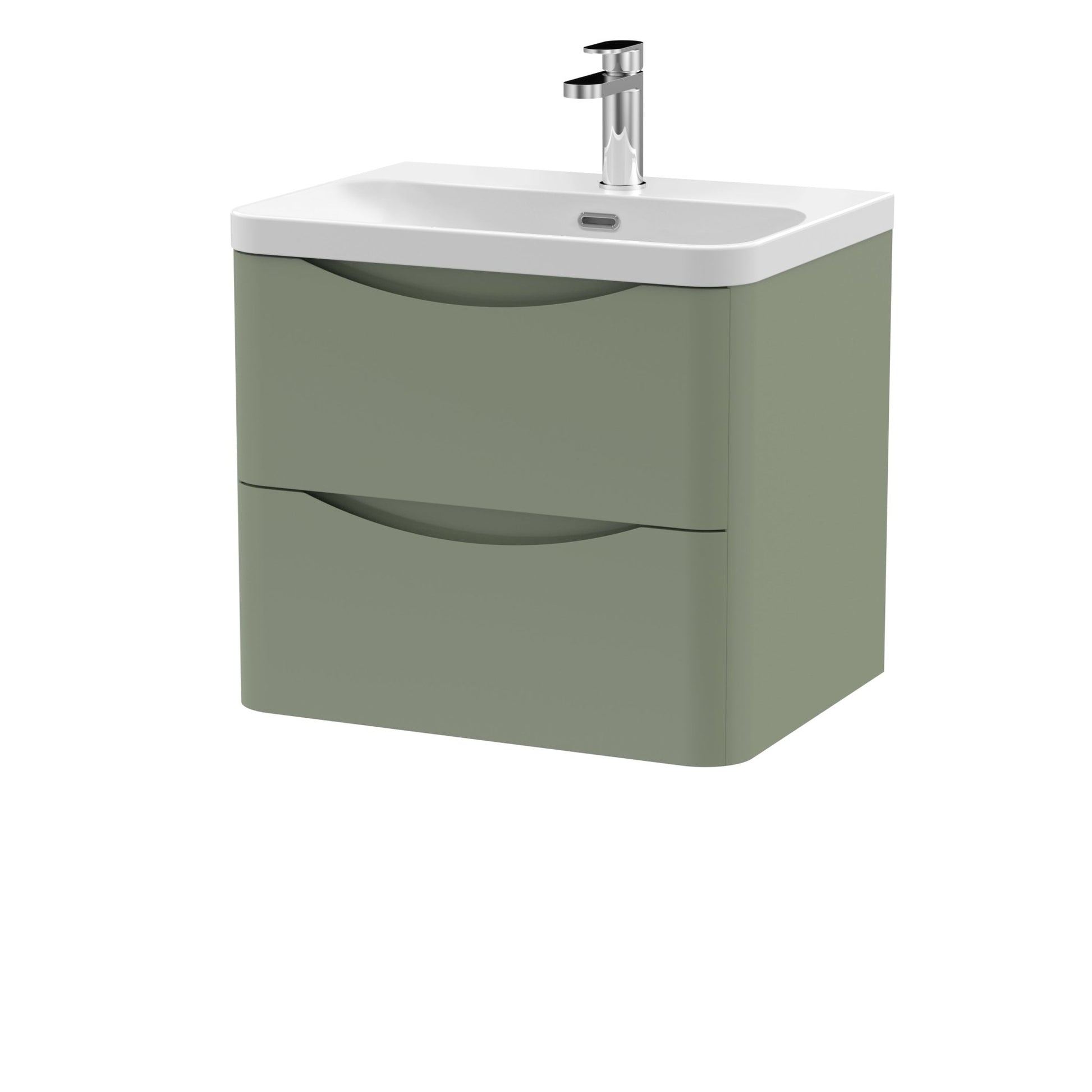Nui Lunar 600mm Wall Hung 2 Drawer Vanity & Thin Edge Ceramic Basin Contemporary Satin Green Ceramic,MFC Painted Matt - JJ Building Materials