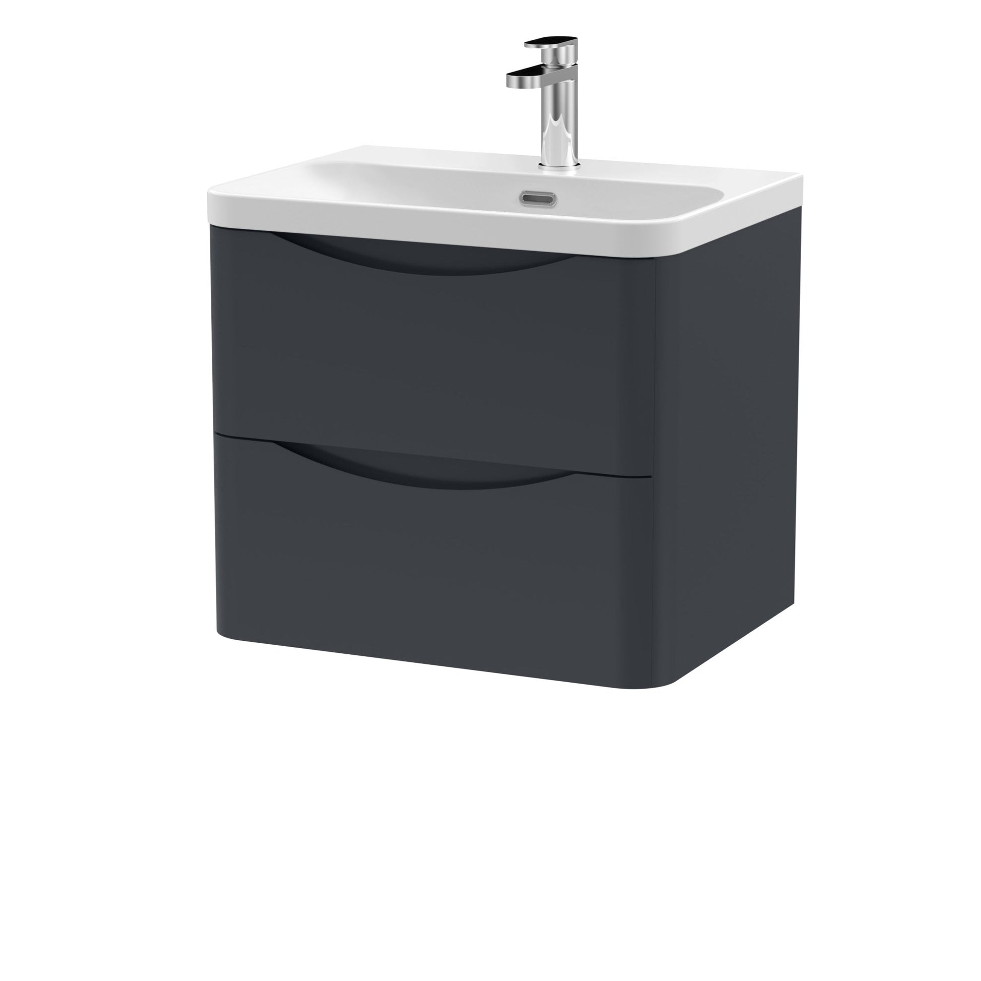 Nui Lunar 600mm Wall Hung 2 Drawer Vanity & Thin Edge Ceramic Basin Contemporary Soft Black Ceramic,MFC Painted Matt - JJ Building Materials