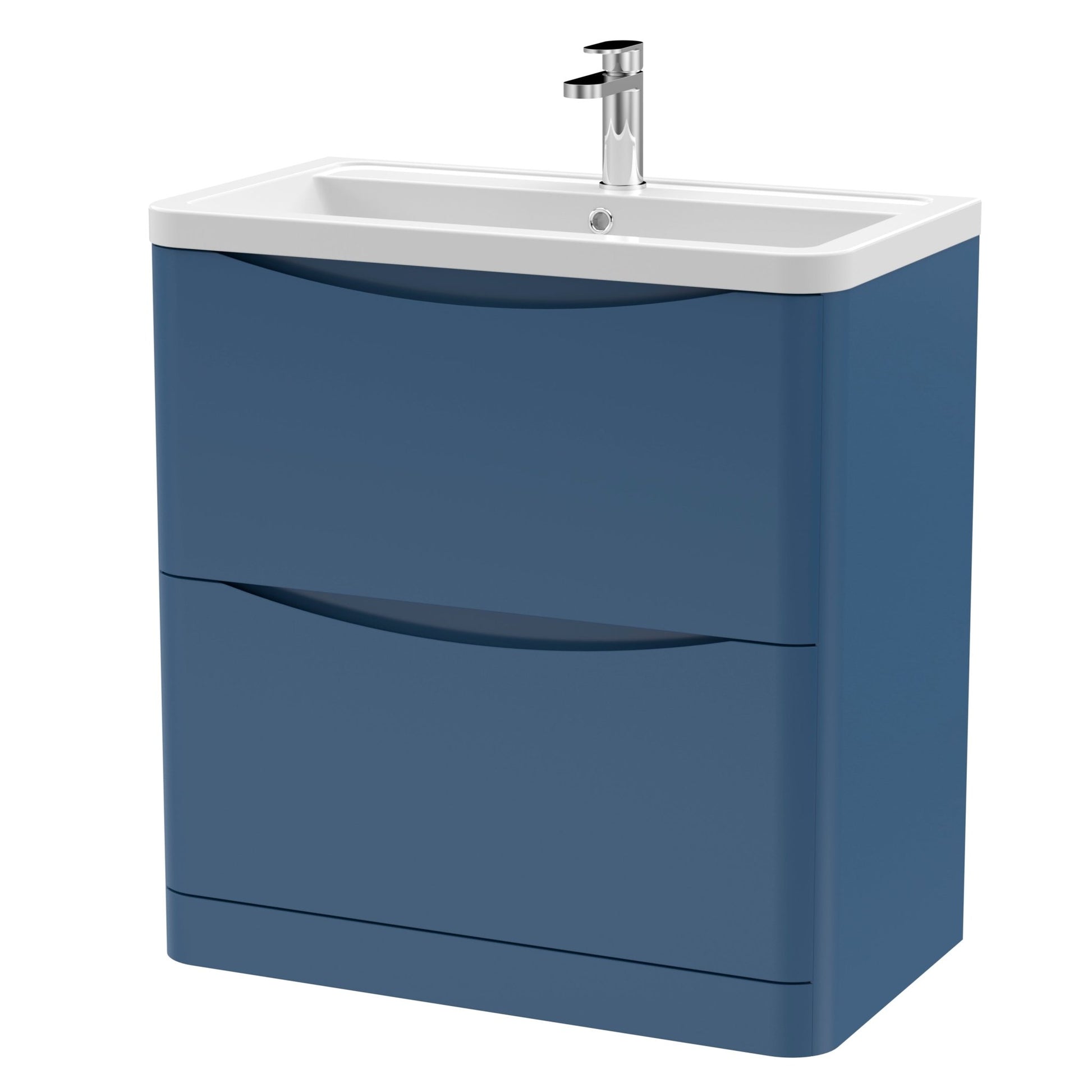 Nui Lunar 800mm Floor Standing 2 Drawer Vanity & Ceramic Basin Contemporary Satin Blue Ceramic,MFC Painted Matt 840x800x445mm - JJ Building Materials