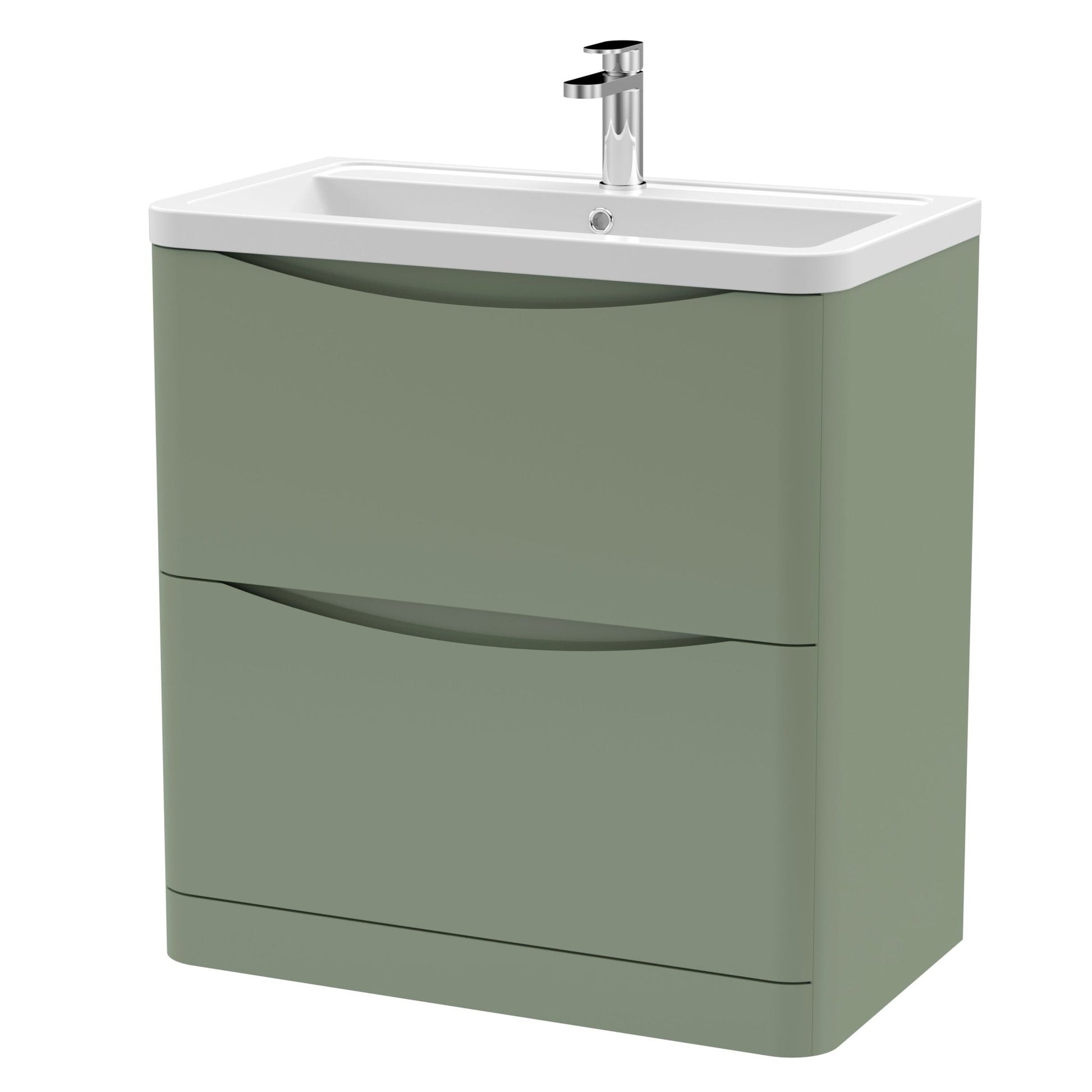 Nui Lunar 800mm Floor Standing 2 Drawer Vanity & Ceramic Basin Contemporary Satin Green Ceramic,MFC Painted Matt 840x800x445mm - JJ Building Materials