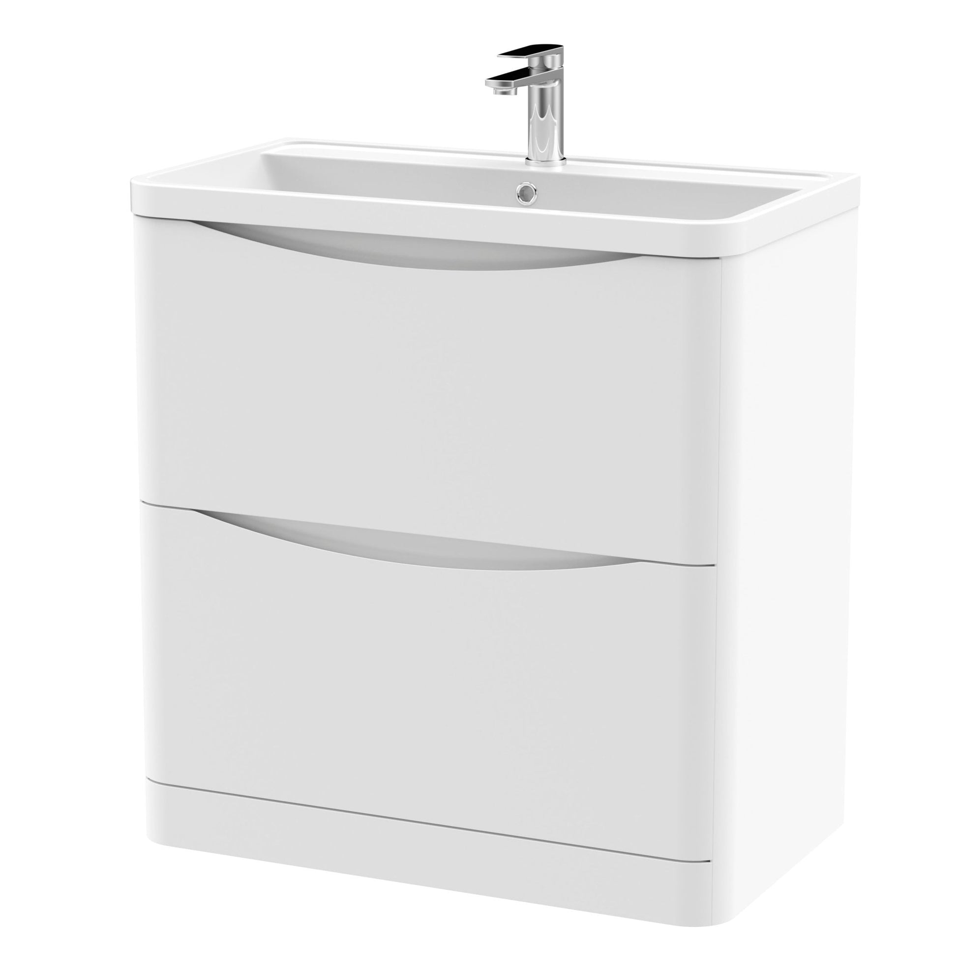 Nui Lunar 800mm Floor Standing 2 Drawer Vanity & Polymarble Basin Contemporary Satin White MFC Painted Matt,polymarble 840x800x445mm - JJ Building Materials