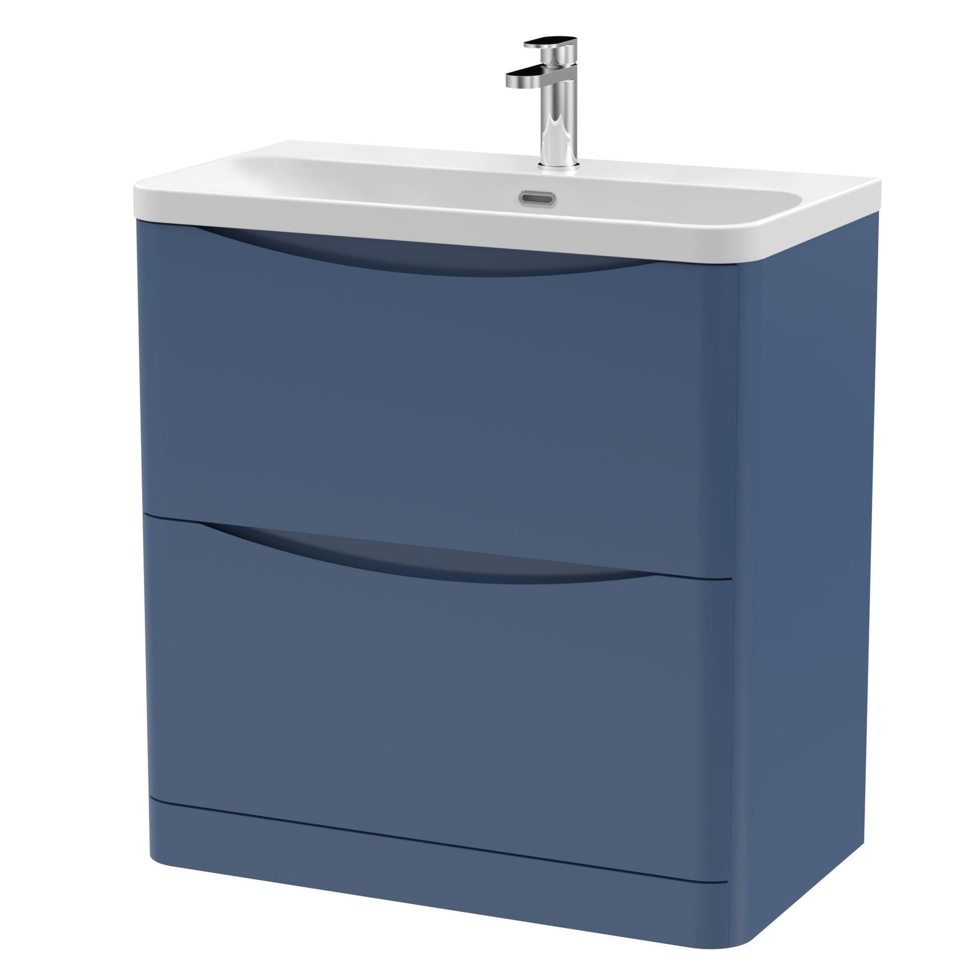 Nui Lunar 800mm Floor Standing 2 Drawer Vanity & Thin Edge Ceramic Basin Contemporary Satin Blue Ceramic,MFC Painted Matt - JJ Building Materials
