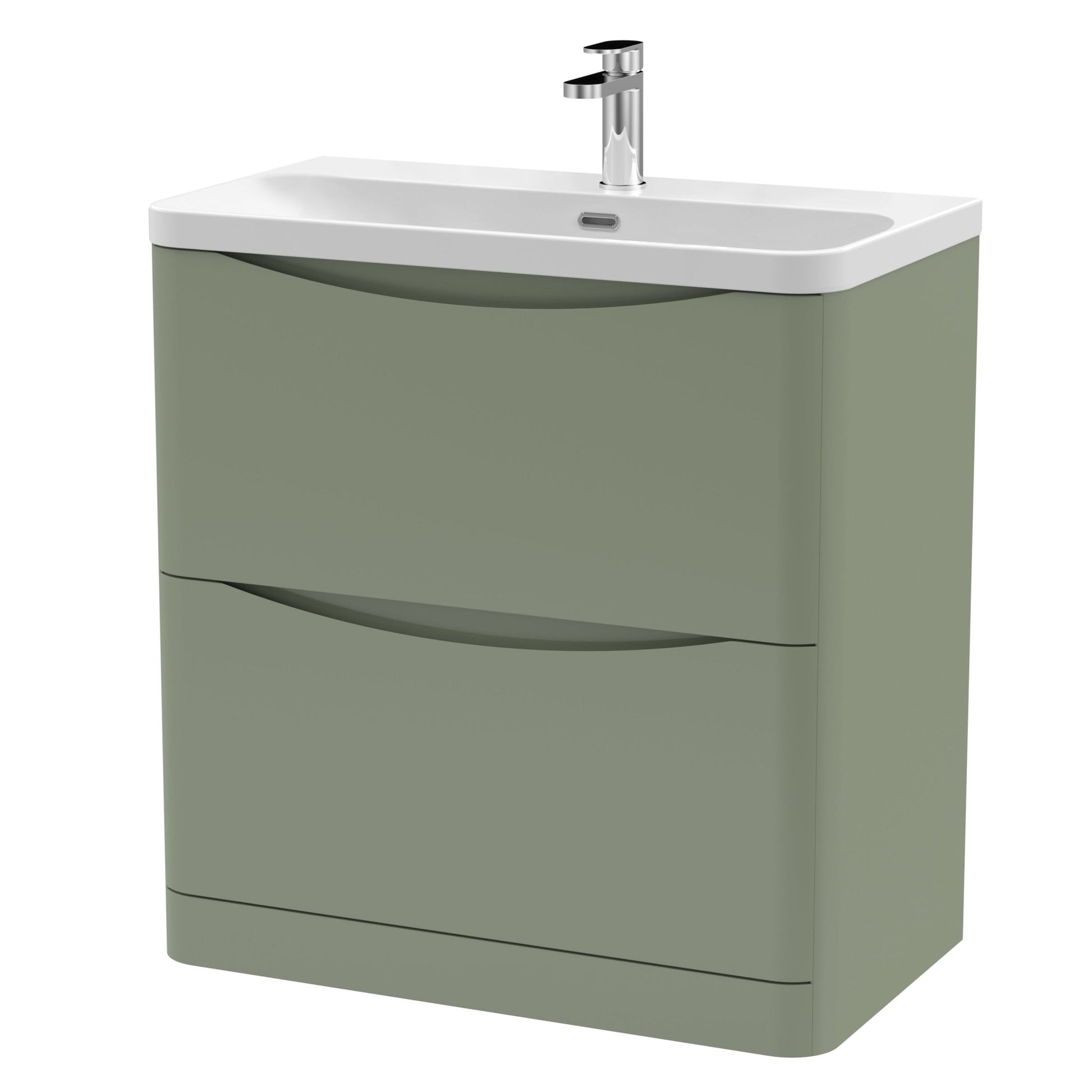 Nui Lunar 800mm Floor Standing 2 Drawer Vanity & Thin Edge Ceramic Basin Contemporary Satin Green Ceramic,MFC Painted Matt - JJ Building Materials