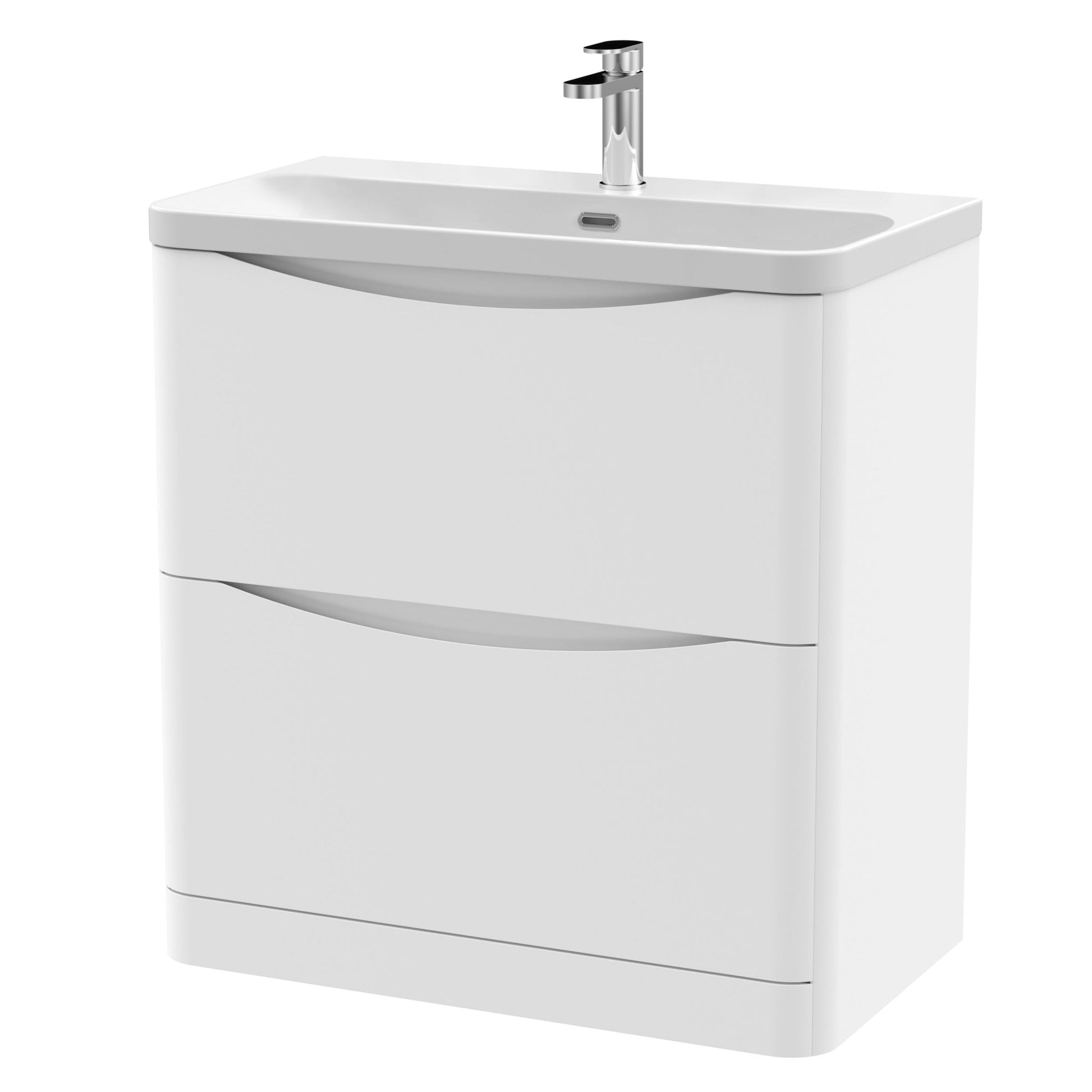 Nui Lunar 800mm Floor Standing 2 Drawer Vanity & Thin Edge Ceramic Basin Contemporary Satin White Ceramic,MFC Painted Matt - JJ Building Materials