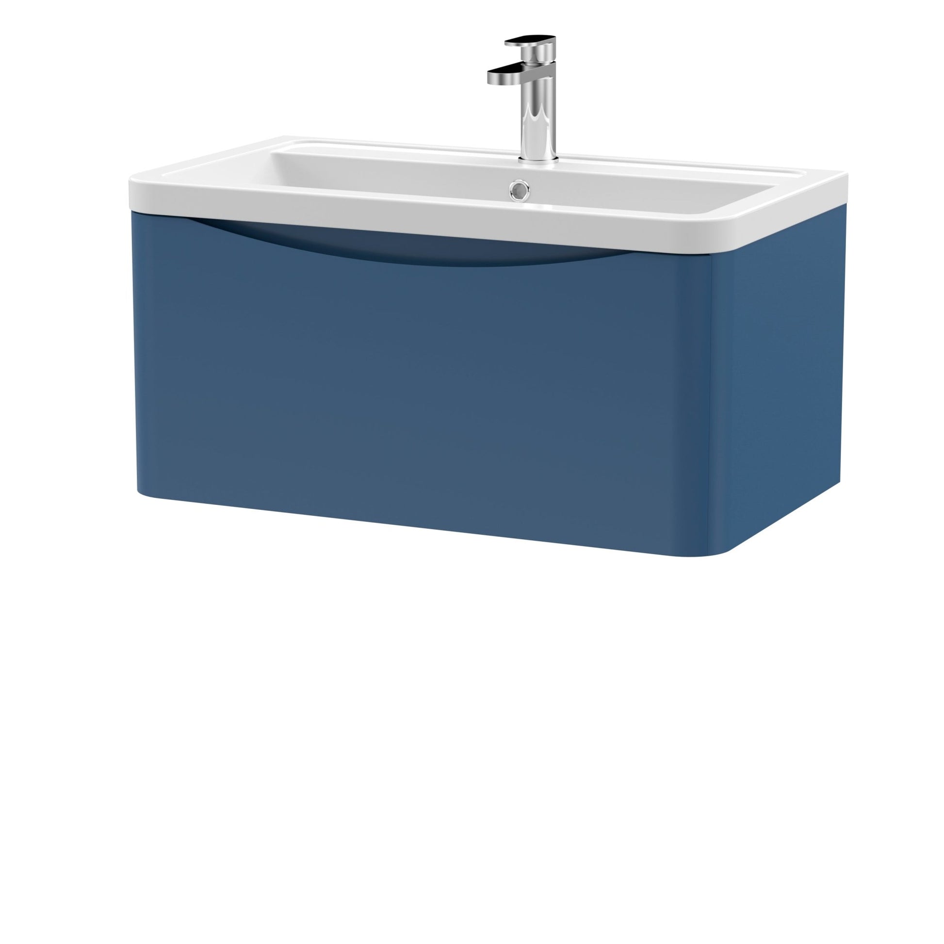 Nui Lunar 800mm Wall Hung 1 Drawer Vanity & Ceramic Basin Contemporary Satin Blue Ceramic,MFC Painted Matt 399x800x445mm - JJ Building Materials