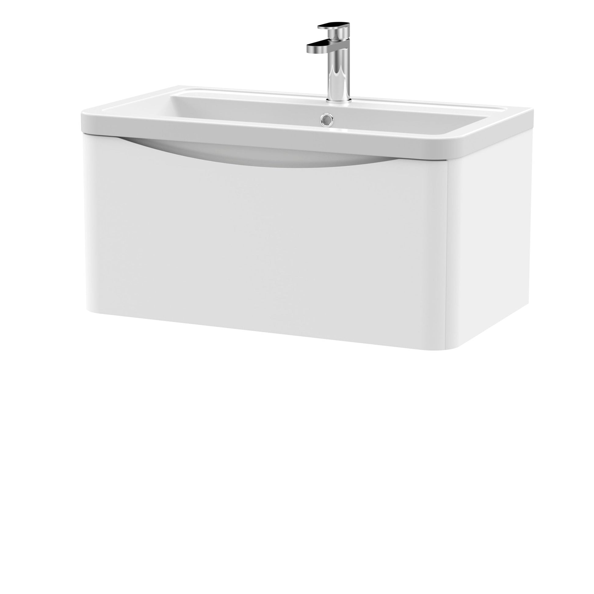 Nui Lunar 800mm Wall Hung 1 Drawer Vanity & Ceramic Basin Contemporary Satin White Ceramic,MFC Painted Matt 399x800x445mm - JJ Building Materials