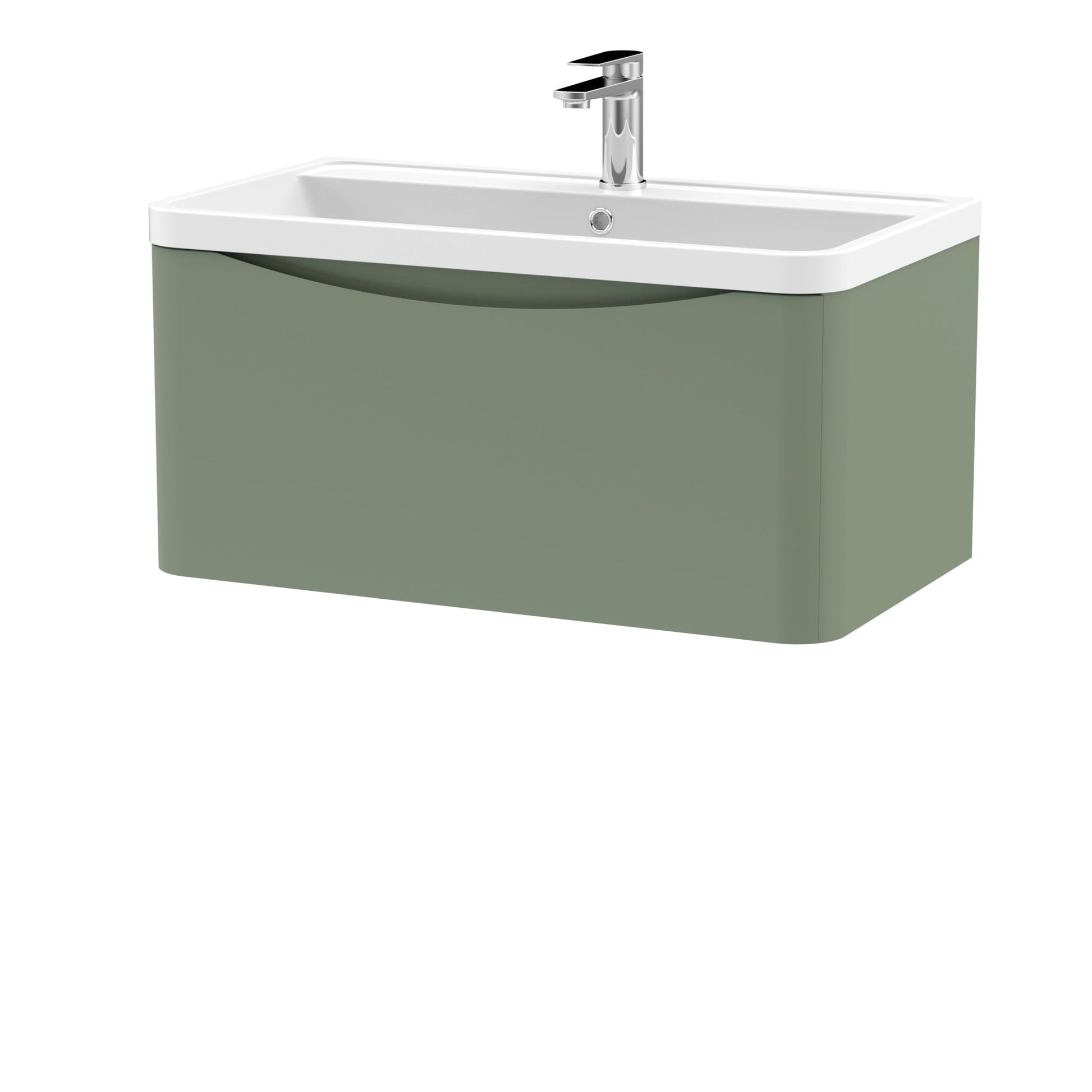 Nui Lunar 800mm Wall Hung 1 Drawer Vanity & Polymarble Basin Contemporary Satin Green MFC Painted Matt,polymarble 399x800x445mm - JJ Building Materials