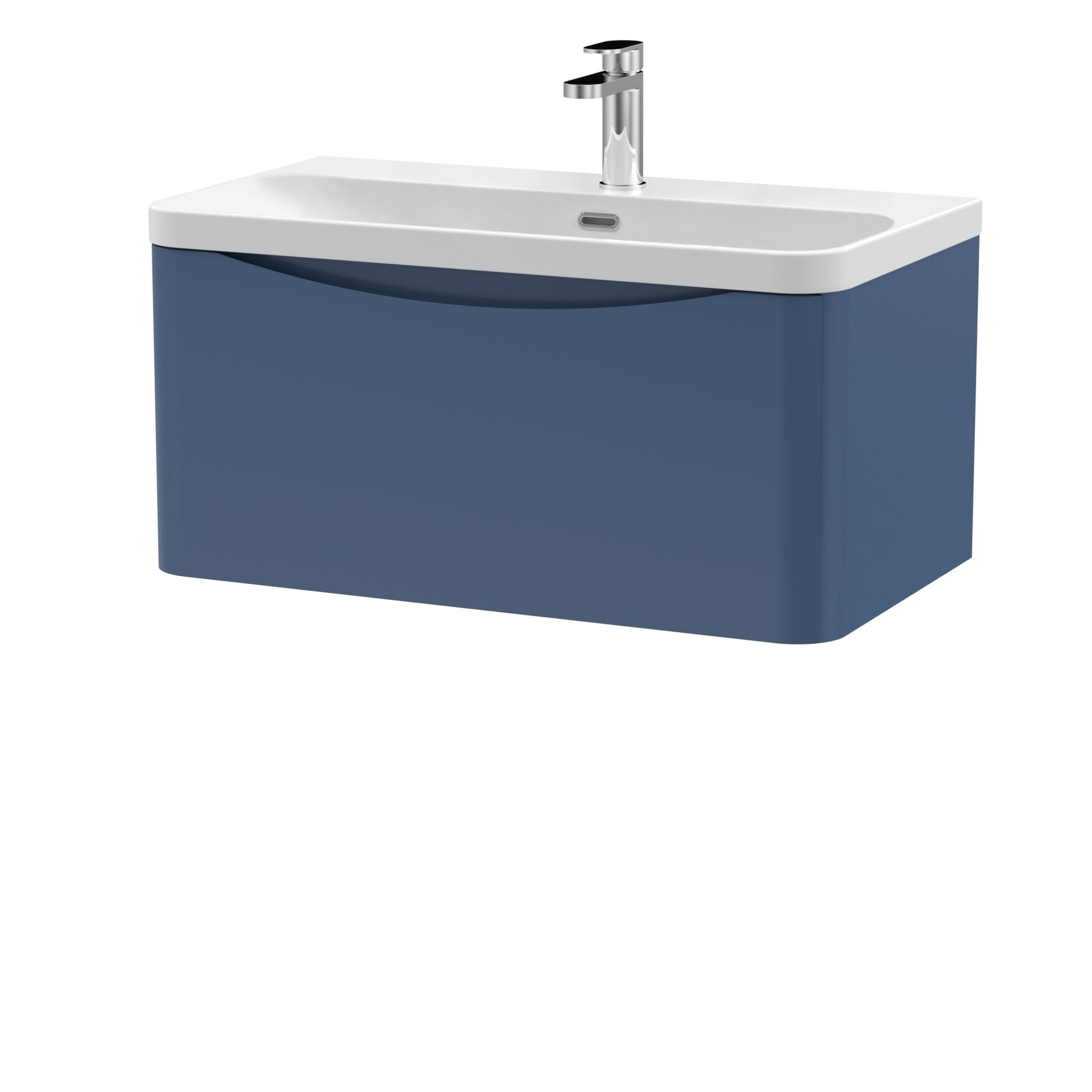 Nui Lunar 800mm Wall Hung 1 Drawer Vanity & Thin Edge Ceramic Basin Contemporary Satin Blue Ceramic,MFC Painted Matt - JJ Building Materials