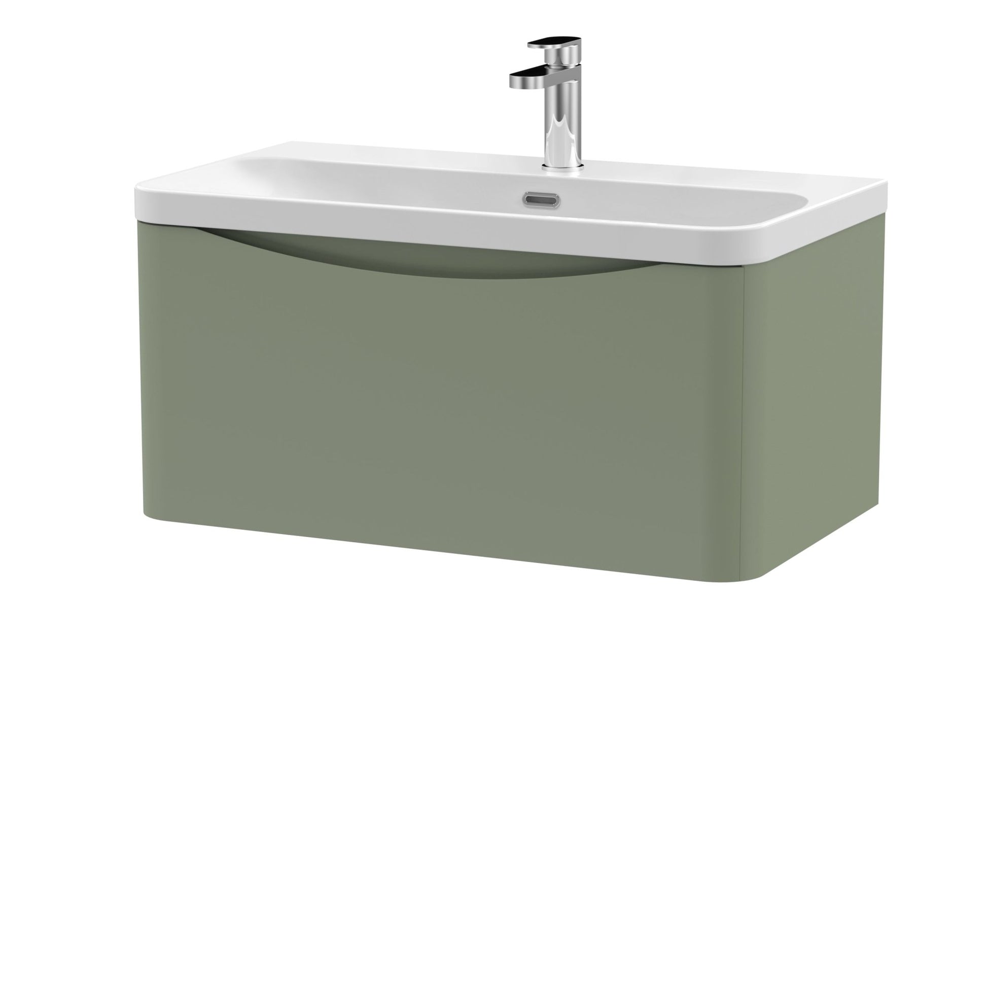 Nui Lunar 800mm Wall Hung 1 Drawer Vanity & Thin Edge Ceramic Basin Contemporary Satin Green Ceramic,MFC Painted Matt - JJ Building Materials