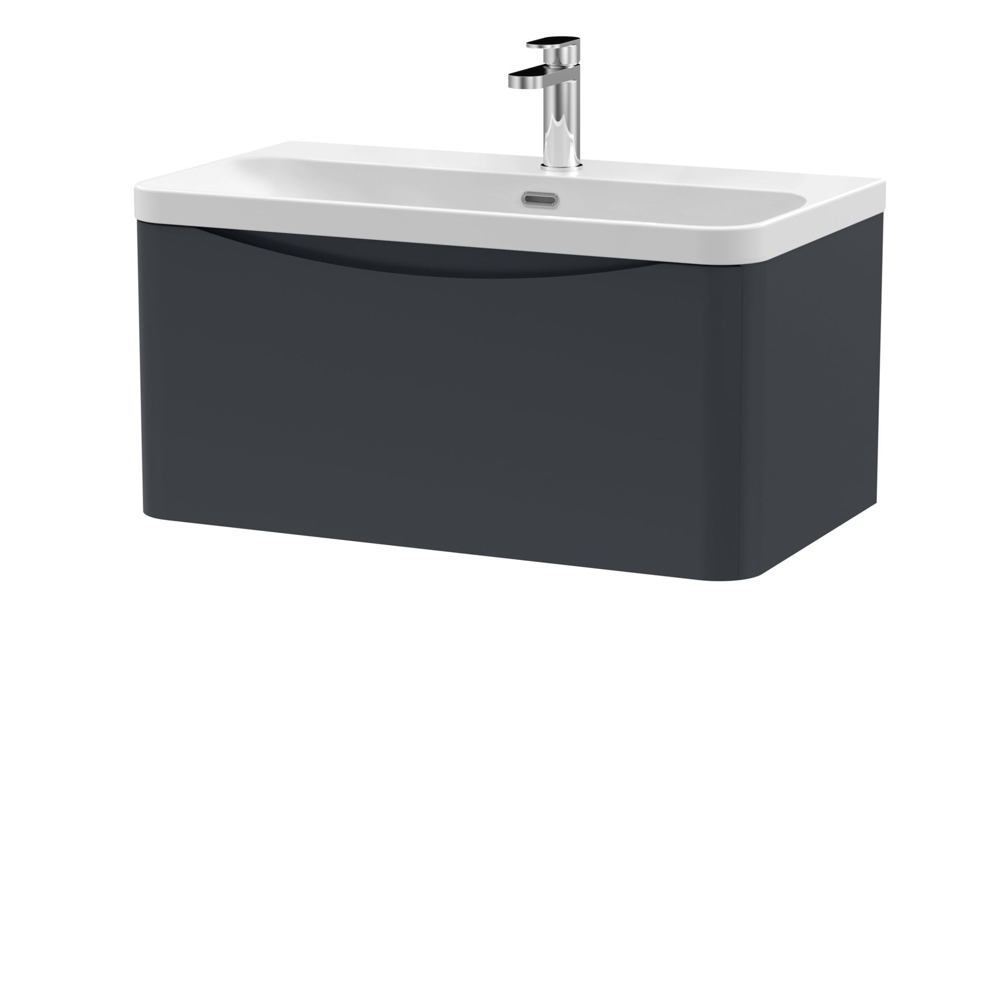 Nui Lunar 800mm Wall Hung 1 Drawer Vanity & Thin Edge Ceramic Basin Contemporary Soft Black Ceramic,MFC Painted Matt - JJ Building Materials