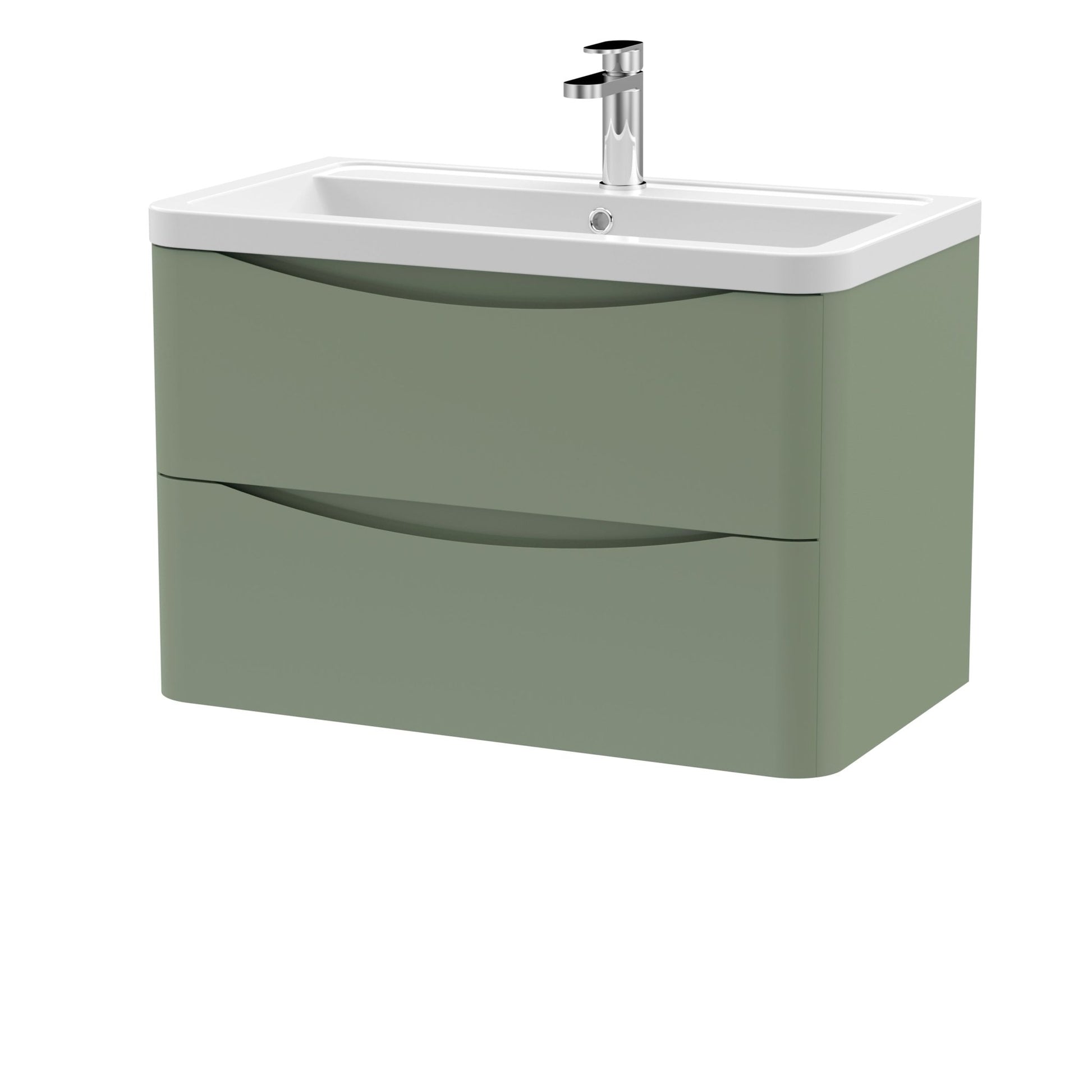 Nui Lunar 800mm Wall Hung 2 Drawer Vanity & Ceramic Basin Contemporary Satin Green Ceramic,MFC Painted Matt 540x800x445mm - JJ Building Materials