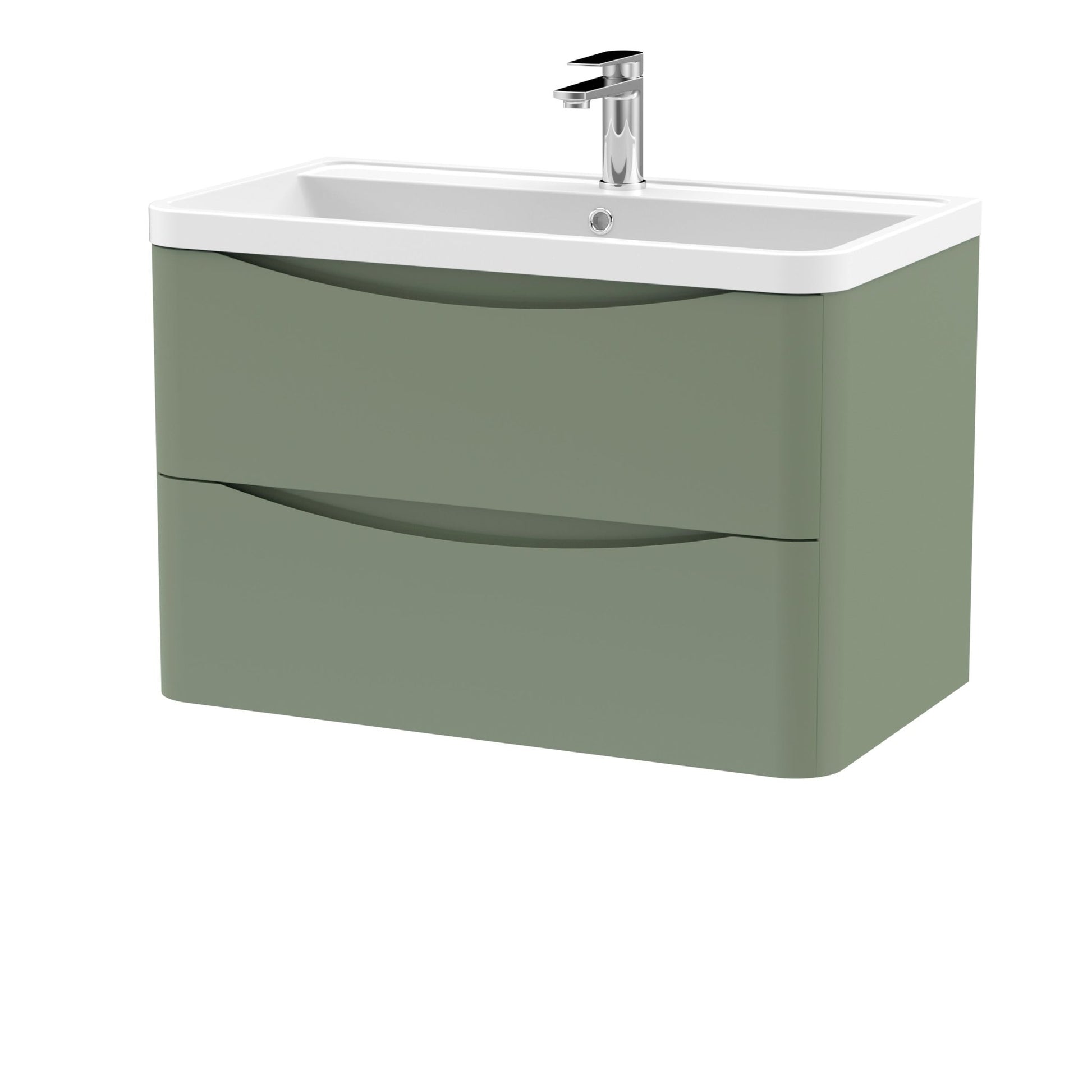 Nui Lunar 800mm Wall Hung 2 Drawer Vanity & Polymarble Basin Contemporary Satin Green MFC Painted Matt,polymarble 540x800x445mm - JJ Building Materials