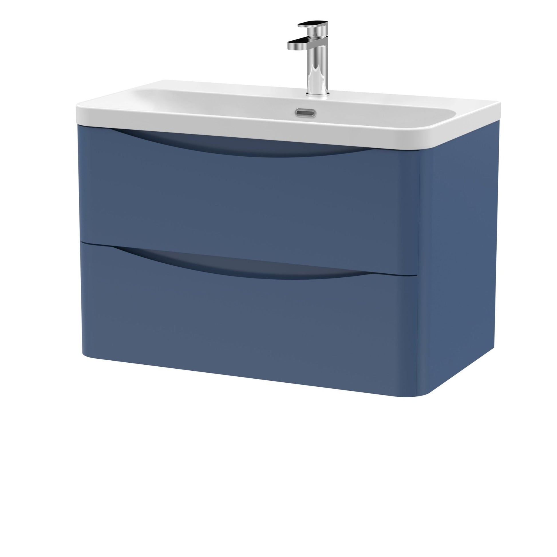 Nui Lunar 800mm Wall Hung 2 Drawer Vanity & Thin Edge Ceramic Basin Contemporary Satin Blue Ceramic,MFC Painted Matt - JJ Building Materials