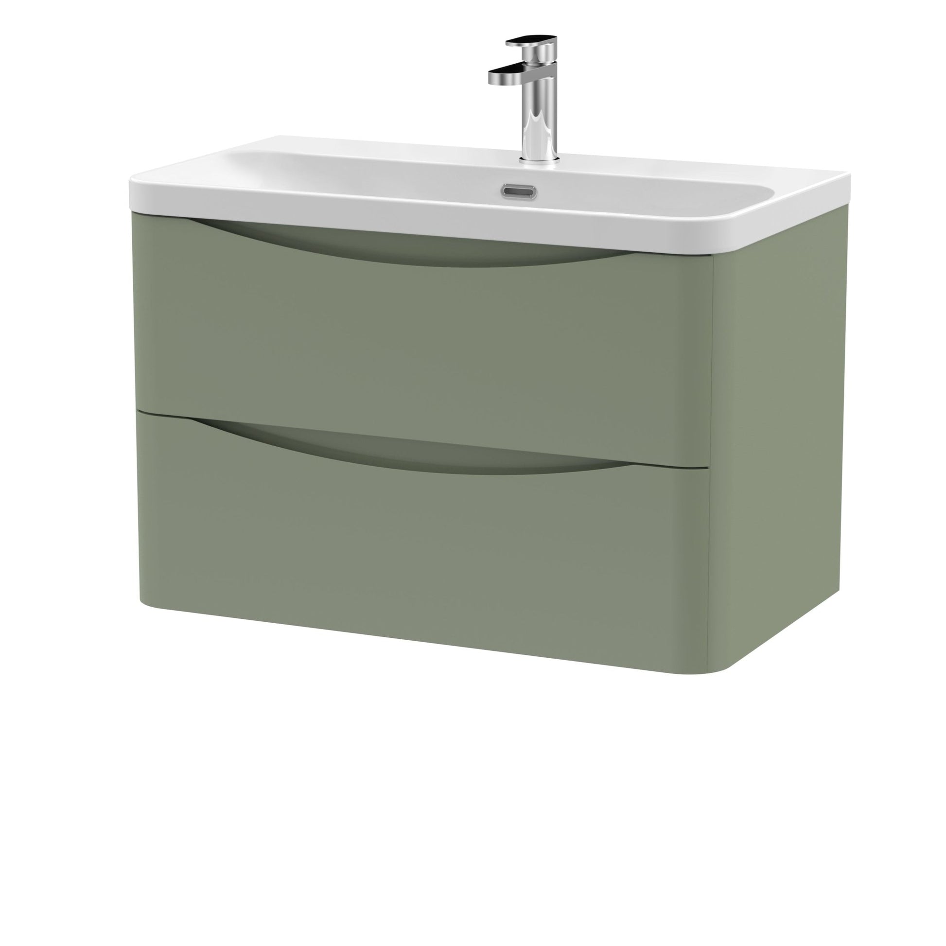 Nui Lunar 800mm Wall Hung 2 Drawer Vanity & Thin Edge Ceramic Basin Contemporary Satin Green Ceramic,MFC Painted Matt - JJ Building Materials