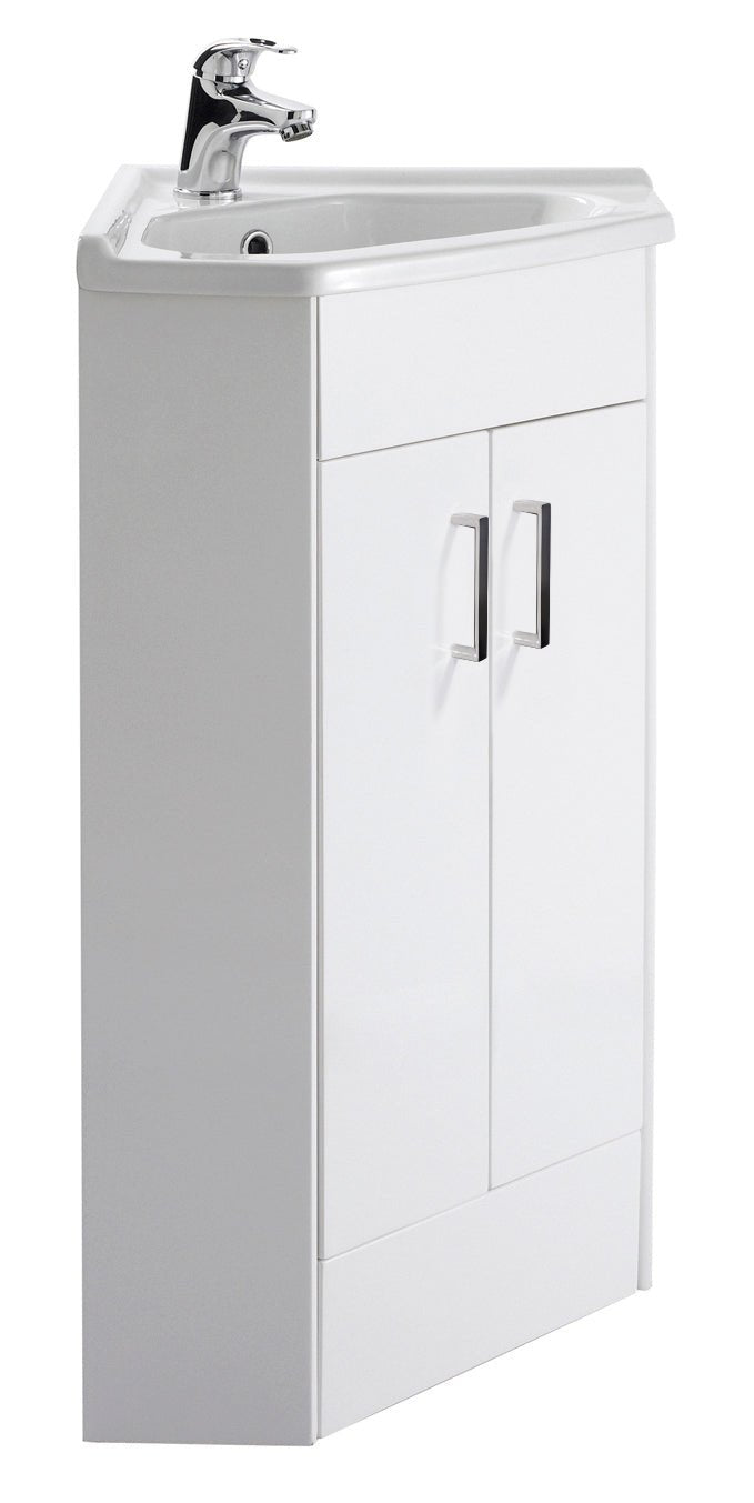 Nui Mayford 2 Door Corner Cabinet & Basin Contemporary Gloss White MFC Painted Gloss 837x590x415mm - JJ Building Materials