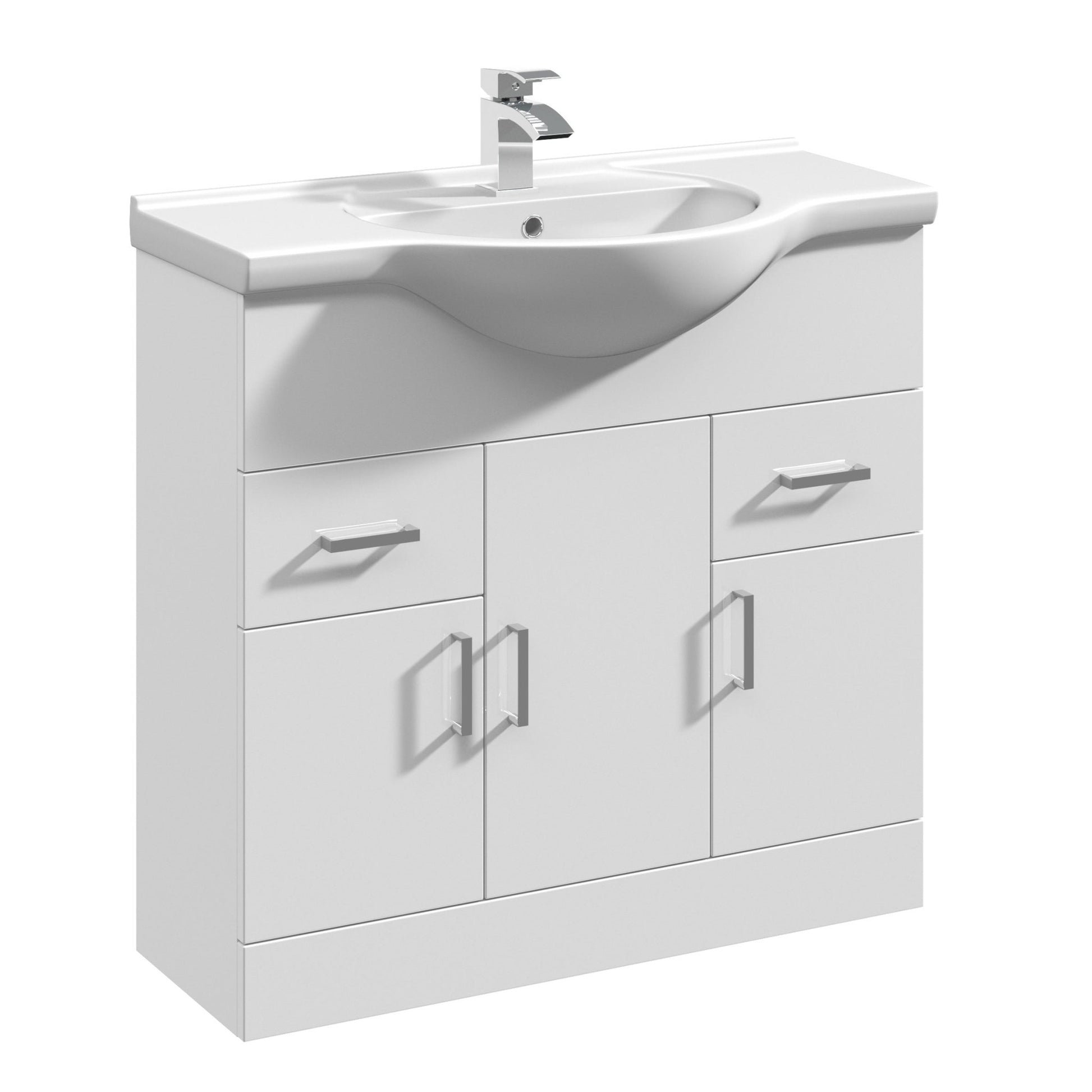 Nui Mayford 850mm Floor Standing Cabinet & Round Basin Contemporary Gloss White MFC Painted Gloss 836x855x485mm - JJ Building Materials