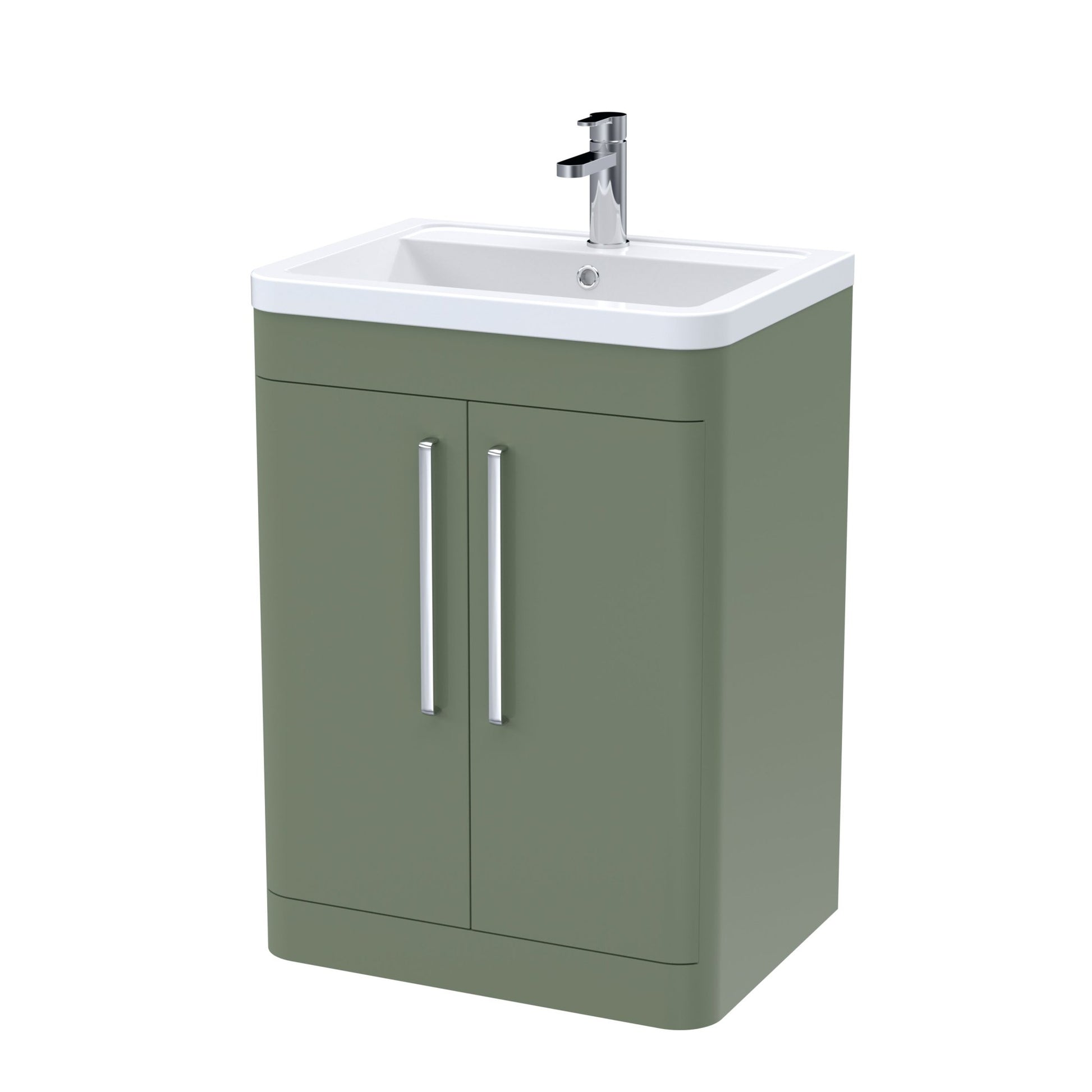 Nui Parade 600mm Floor Standing 2 Door Vanity & Ceramic Basin Contemporary Satin Green Ceramic,MFC Smooth Matt 840x610x450mm - JJ Building Materials