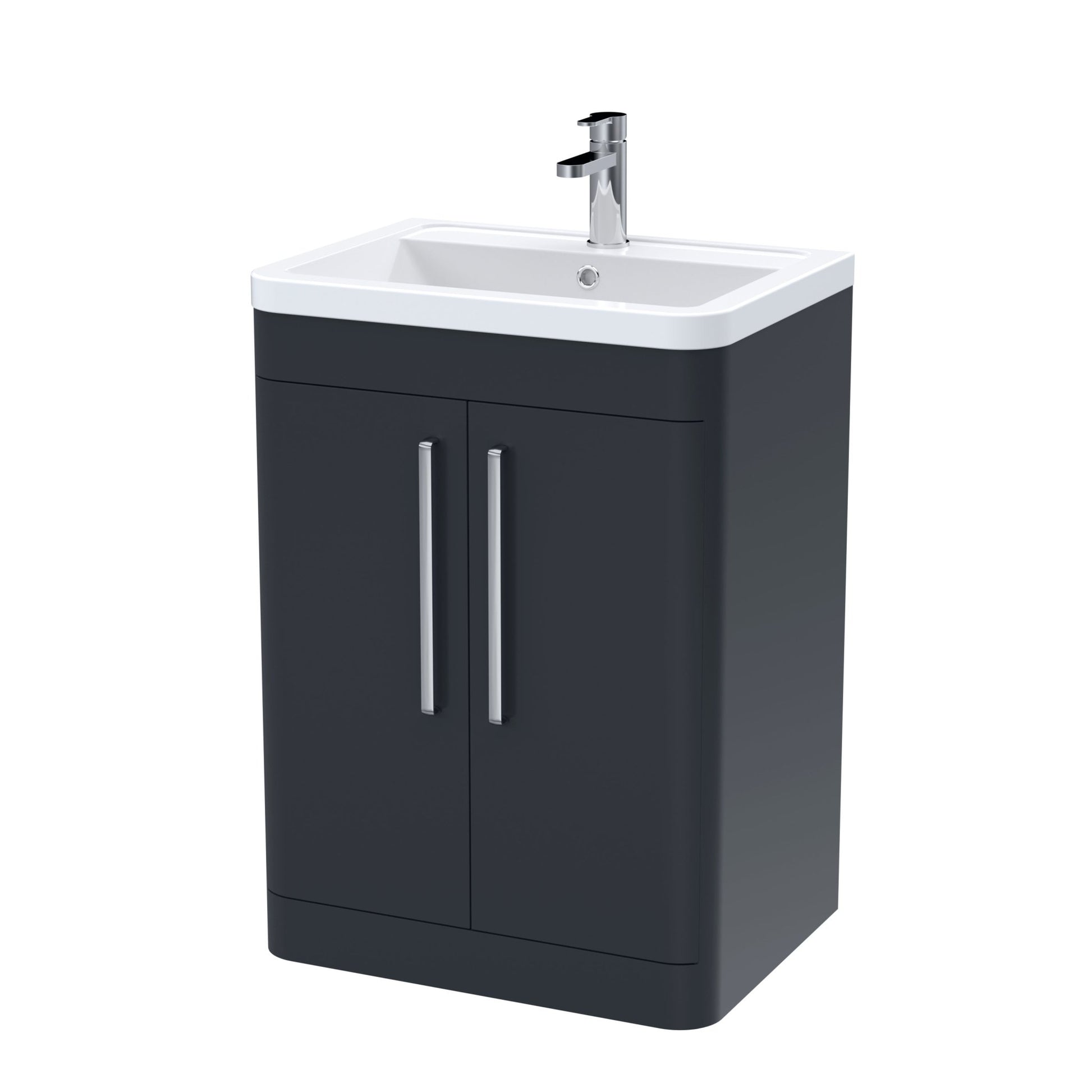 Nui Parade 600mm Floor Standing 2 Door Vanity & Ceramic Basin Contemporary Soft Black Ceramic,MFC Smooth Matt 840x610x450mm - JJ Building Materials