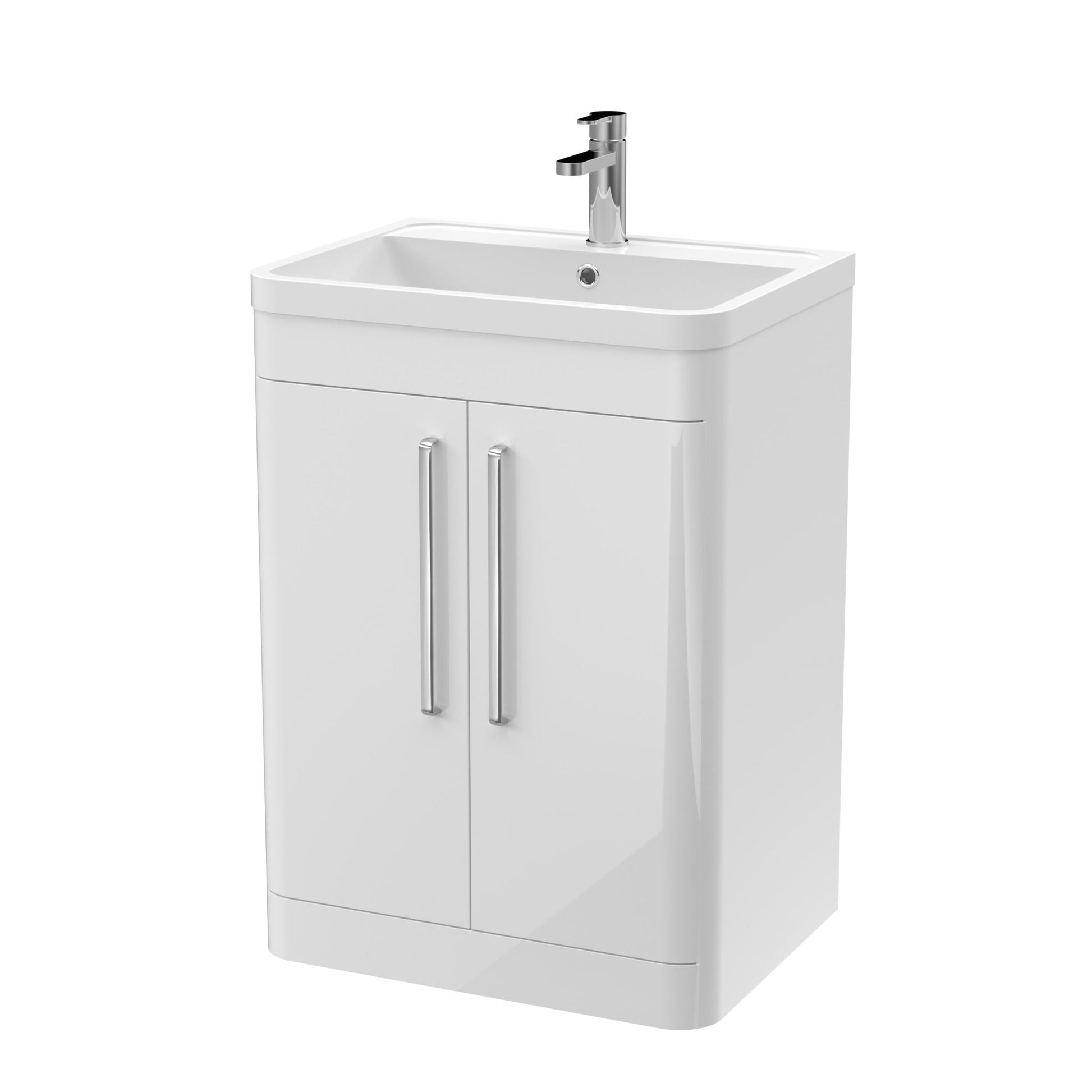Nui Parade 600mm Floor Standing 2 Door Vanity & Polymarble Basin Contemporary Gloss White MFC Smooth Matt,polymarble 840x600x450mm - JJ Building Materials