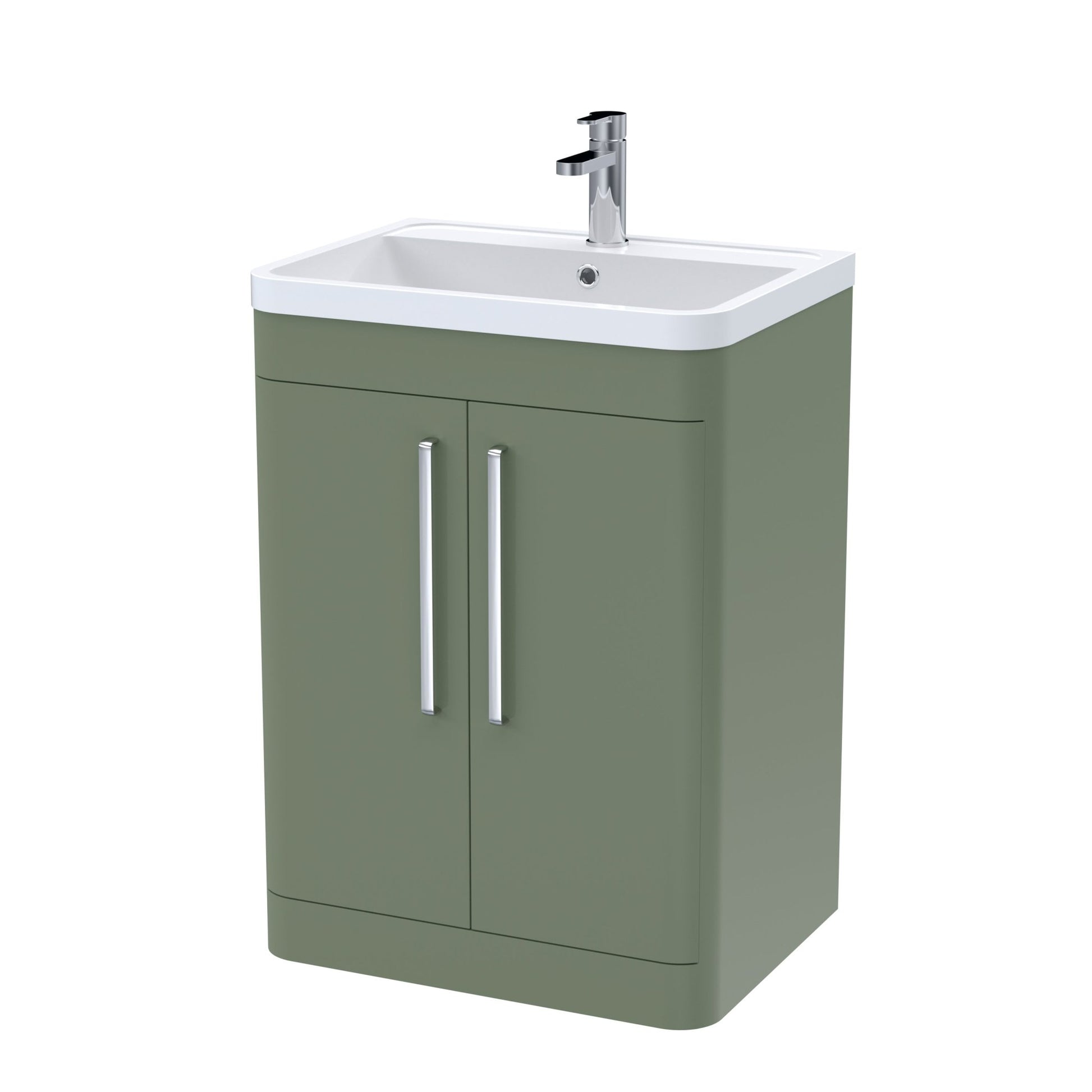 Nui Parade 600mm Floor Standing 2 Door Vanity & Polymarble Basin Contemporary Satin Green MFC Smooth Matt,polymarble 840x600x450mm - JJ Building Materials